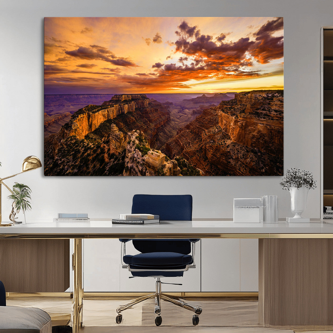 75573843-MGV-CV-36X24-Grand Canyon Sunset Wall Art – Panoramic Canyon Landscape Canvas Print, Dramatic Desert Cliffs Artwork, Nature Inspired Scenic