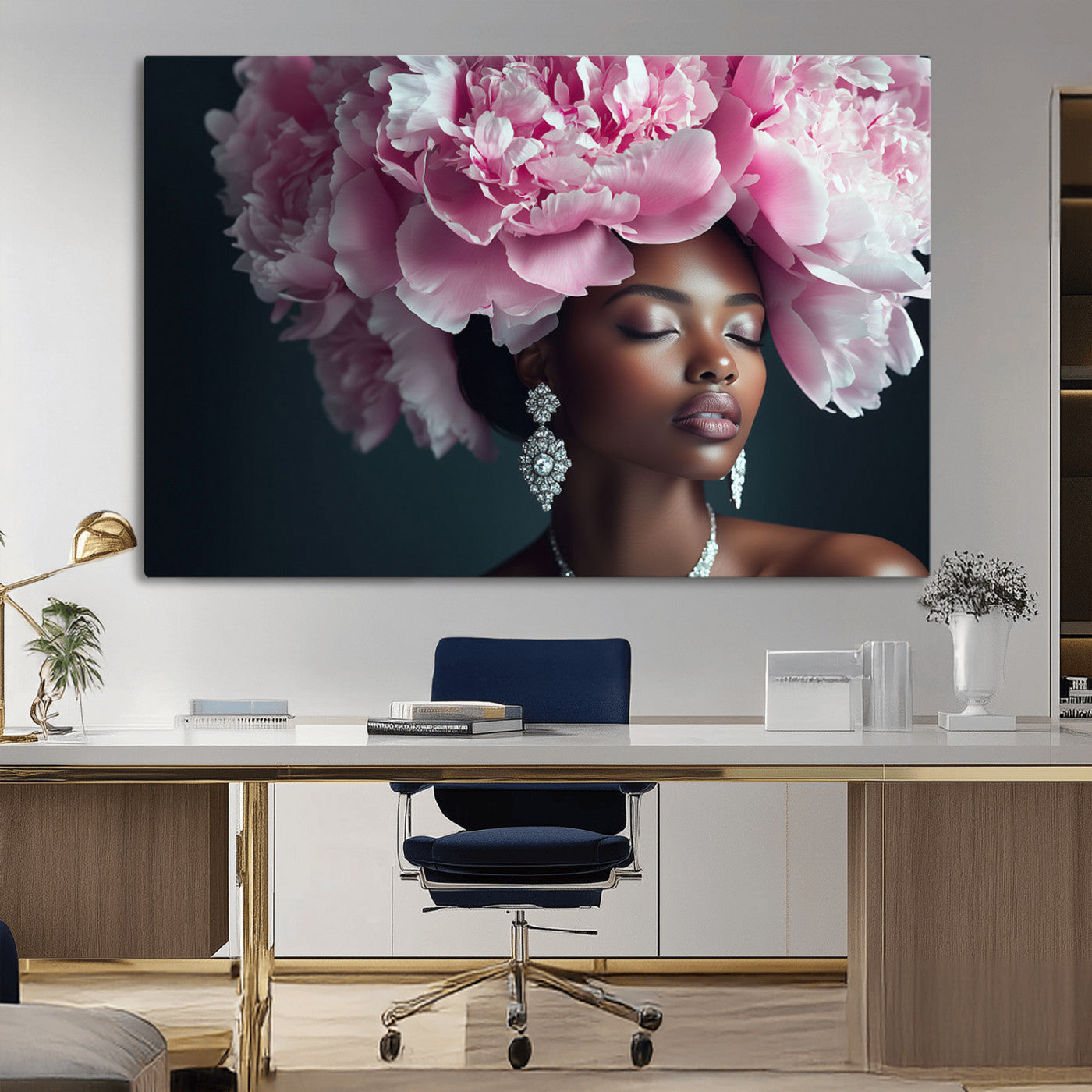 35482880-MGV-CV-36X24-Floral Portrait Wall Art – Elegant Woman with Pink Peony Headpiece Canvas Print, Luxury Fashion Inspired Artwork, Modern Glam