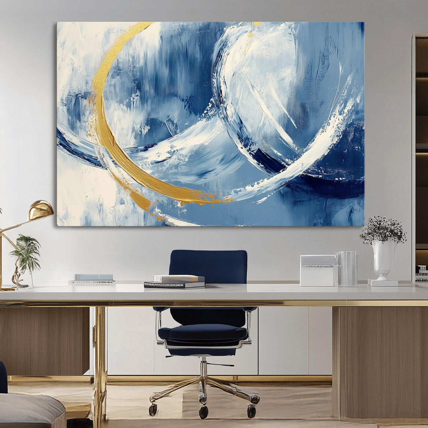 42475677-MGV-CV-36X24-Blue and Gold Abstract Wall Art – Modern Luxury Canvas Print, Navy White Brushstroke Painting, Contemporary Home Office Living