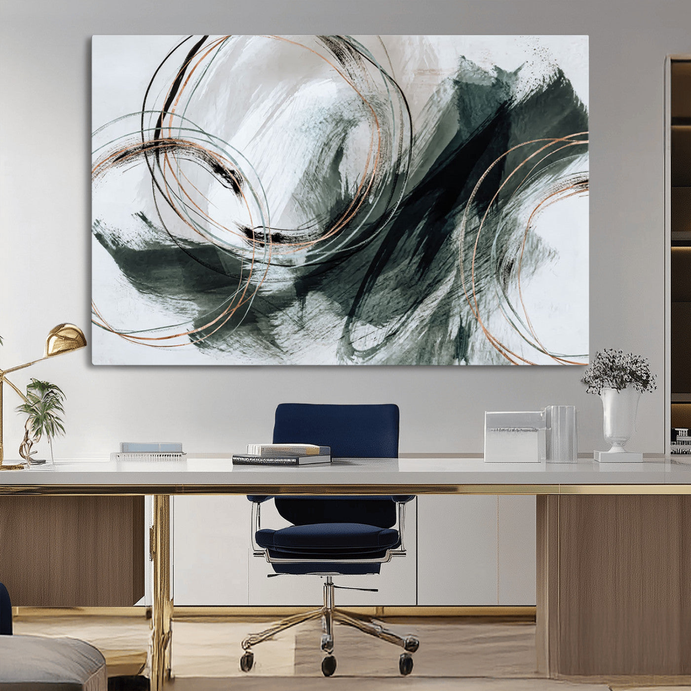 86583265-SEG-FC-90X60_Oversize_Oversize-Black and Gray Abstract Wall Art – Modern Copper Circle Canvas Print, Contemporary Minimalist Painting for Living Room, Bedroom,