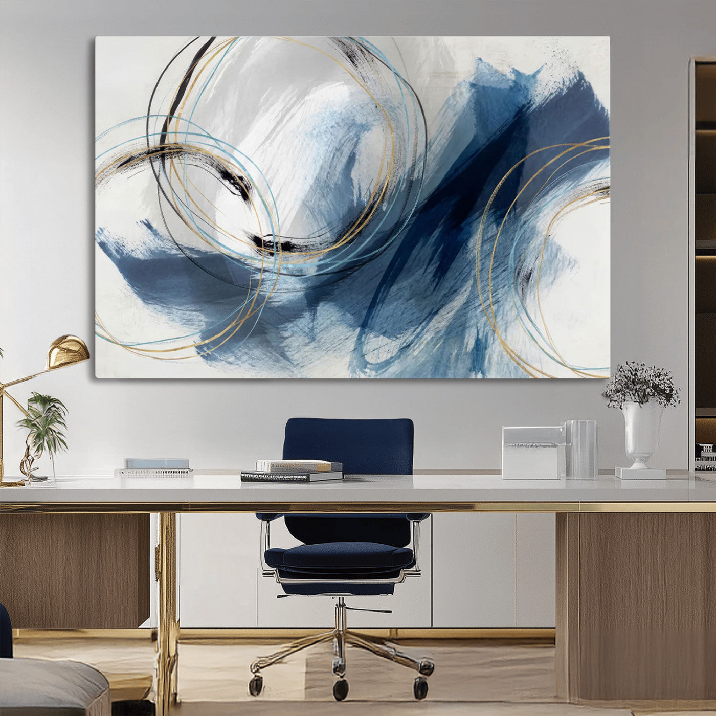49589477-MGV-CV-36X24-Blue Abstract Wall Art – Modern Circle Canvas Print with Gold and Black Accents, Contemporary Fluid Brushstroke Painting for