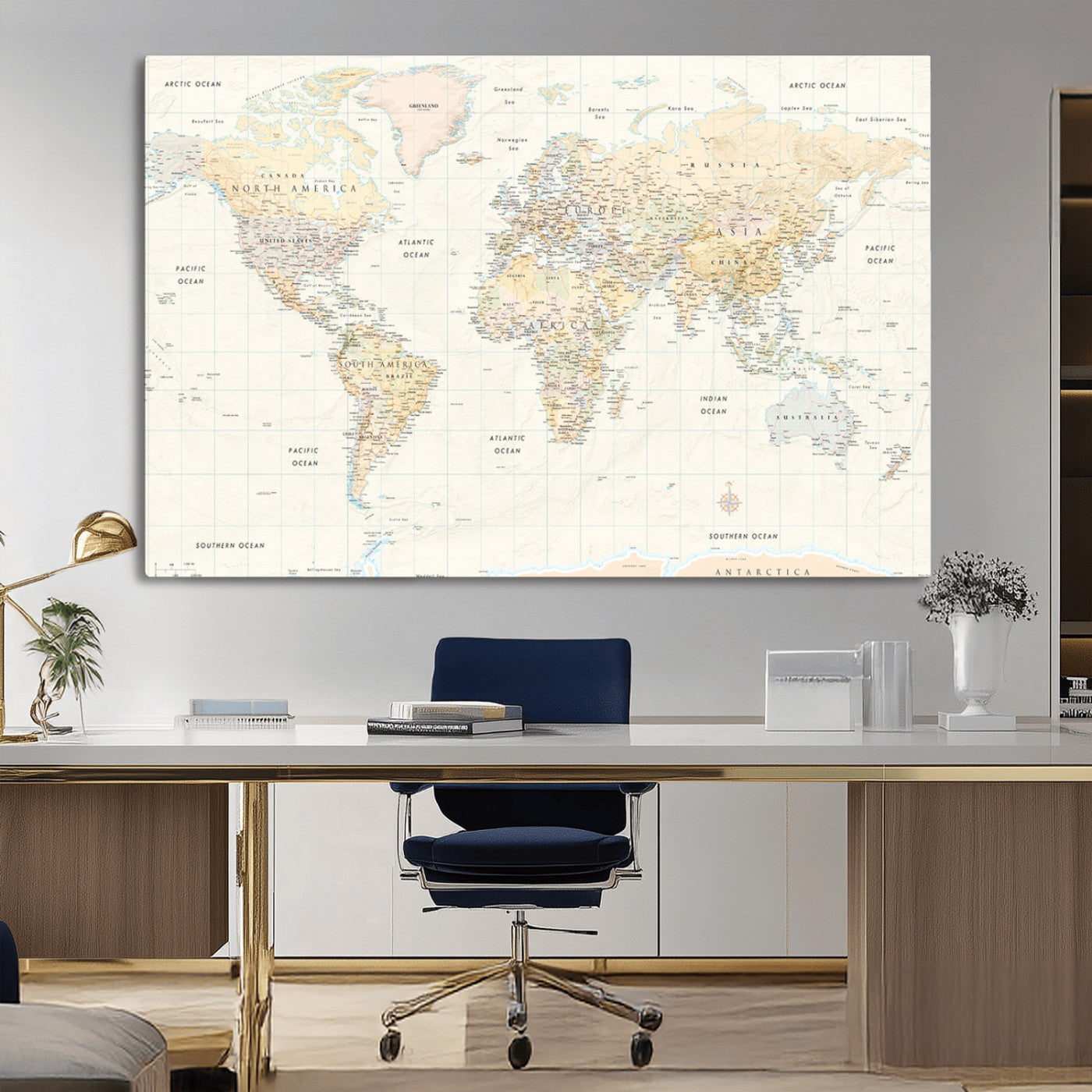 40660043-MGV-CV-36X24-World Map Wall Art – Large Detailed Atlas Style Map Print with Countries, Cities, and Oceans, Neutral Beige and Tan Educational