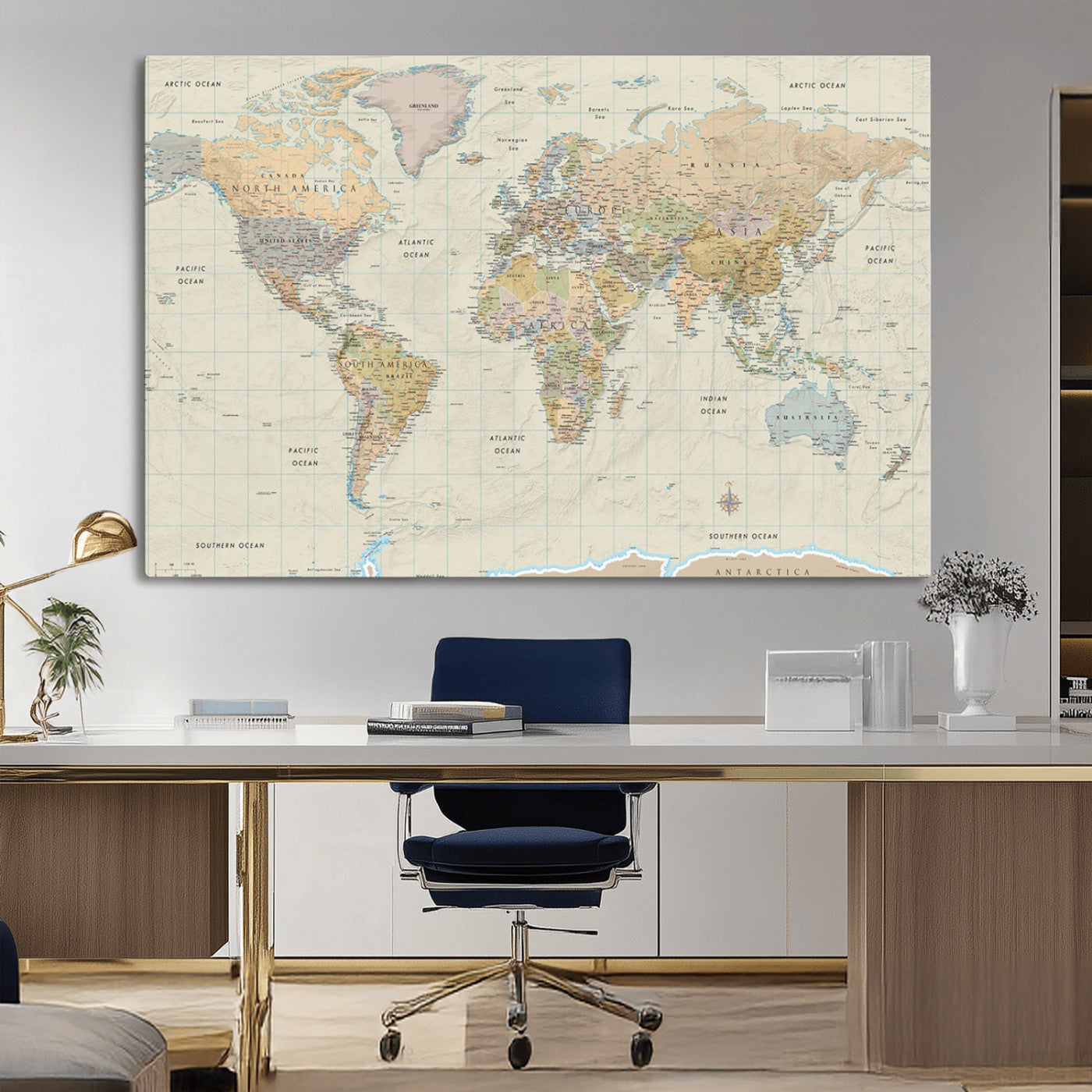 41929777-MGV-CV-36X24-World Map Wall Art – Large Detailed Political Atlas Style Map Print with Countries, Cities, and Oceans, Warm Earth Tone