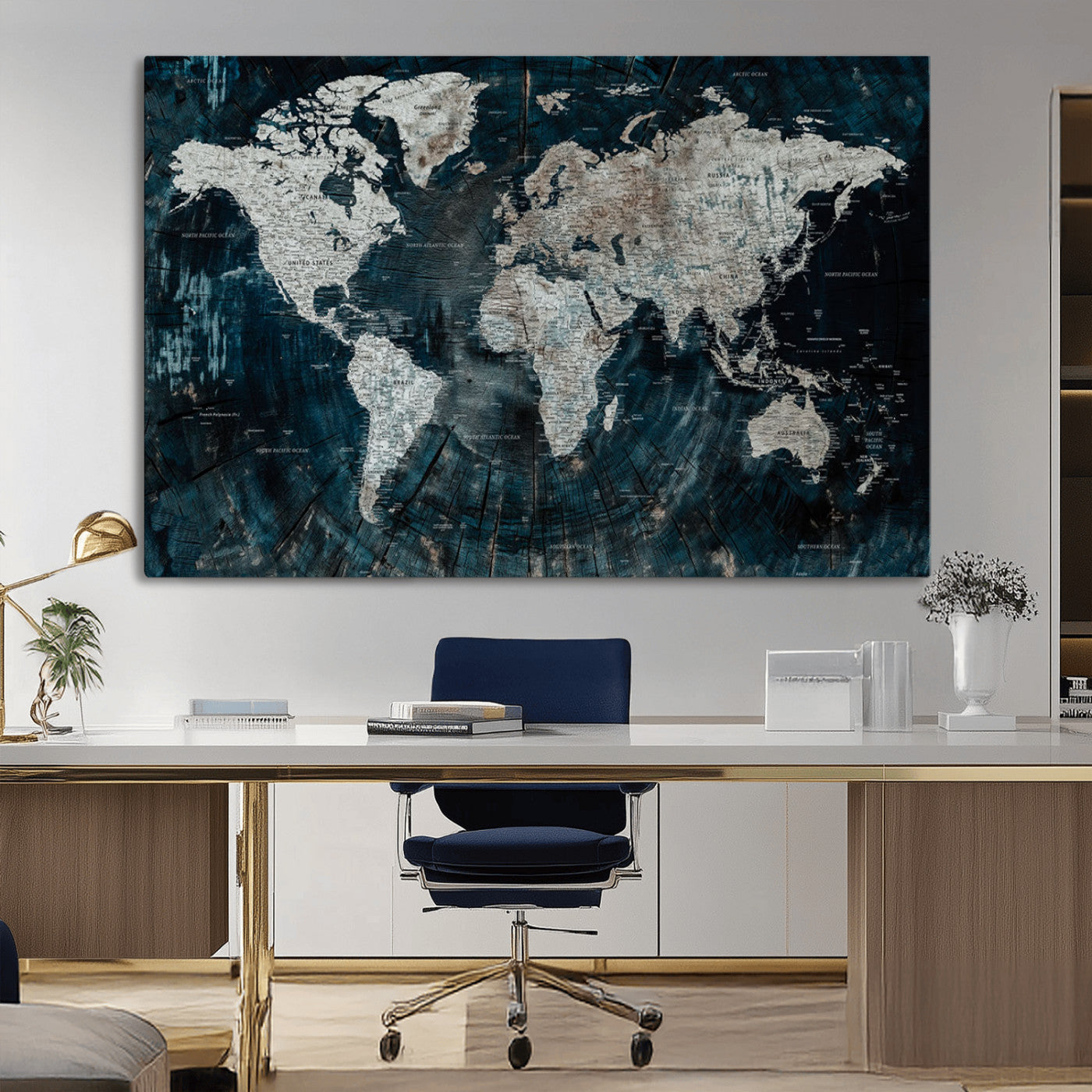 34425609-MGV-CV-36X24-World Map Wall Art – Rustic Navy and Grey Atlas Canvas Print, Distressed Explorer Map Artwork, Industrial Style Decor for Office,