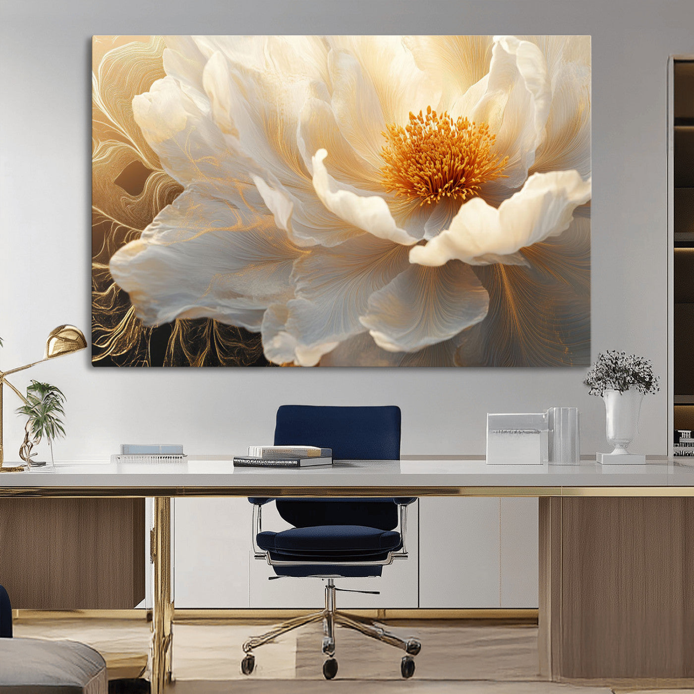 29539087-MGV-CV-36X24-Floral Wall Art – Elegant White and Gold Bloom Canvas Print, Romantic Modern Flower Artwork for Bedroom, Living Room, or Office