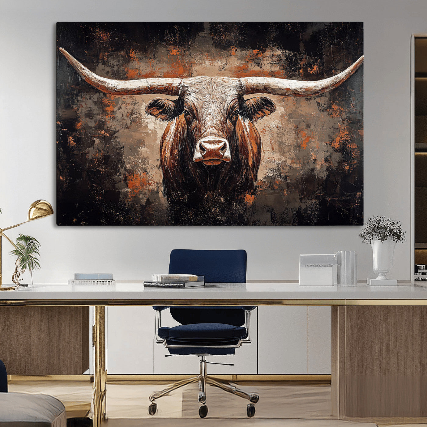 24779067-MGV-CV-36X24-Longhorn Bull Wall Art – Western Rustic Canvas Print, Bold Cowboy Cattle Painting for Ranch House, Farmhouse, Office, or Living