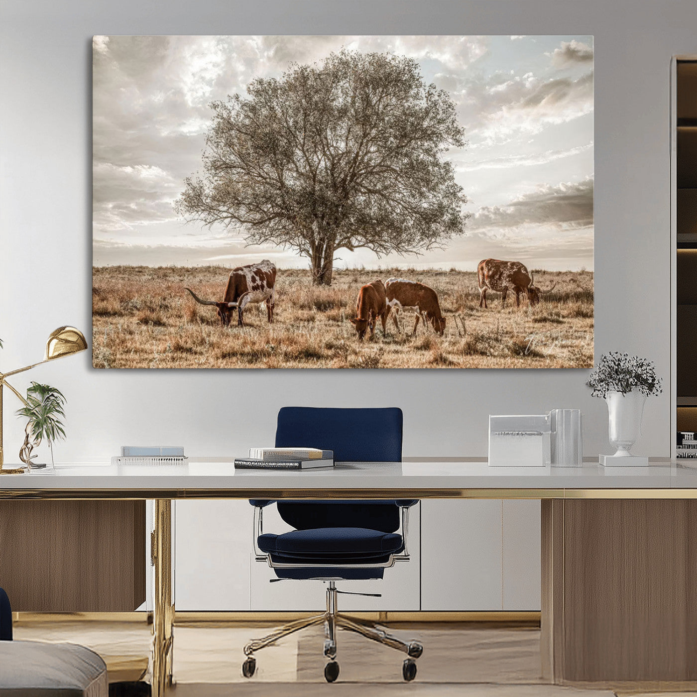 87590224-MGV-CV-36X24-Longhorn Cattle Wall Art – Rustic Western Landscape Canvas Print, Texas Farmhouse Prairie Scene for Living Room, Office, or Ranch