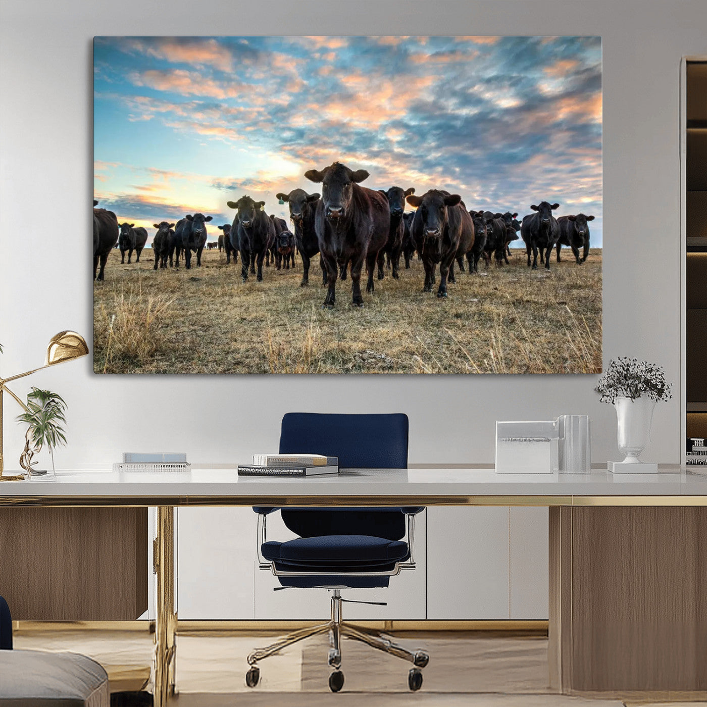 13867292-MGV-CV-36X24-Black Cattle Wall Art – Rustic Ranch Herd Canvas Print, Western Farmhouse Country Landscape Decor for Living Room, Office, or