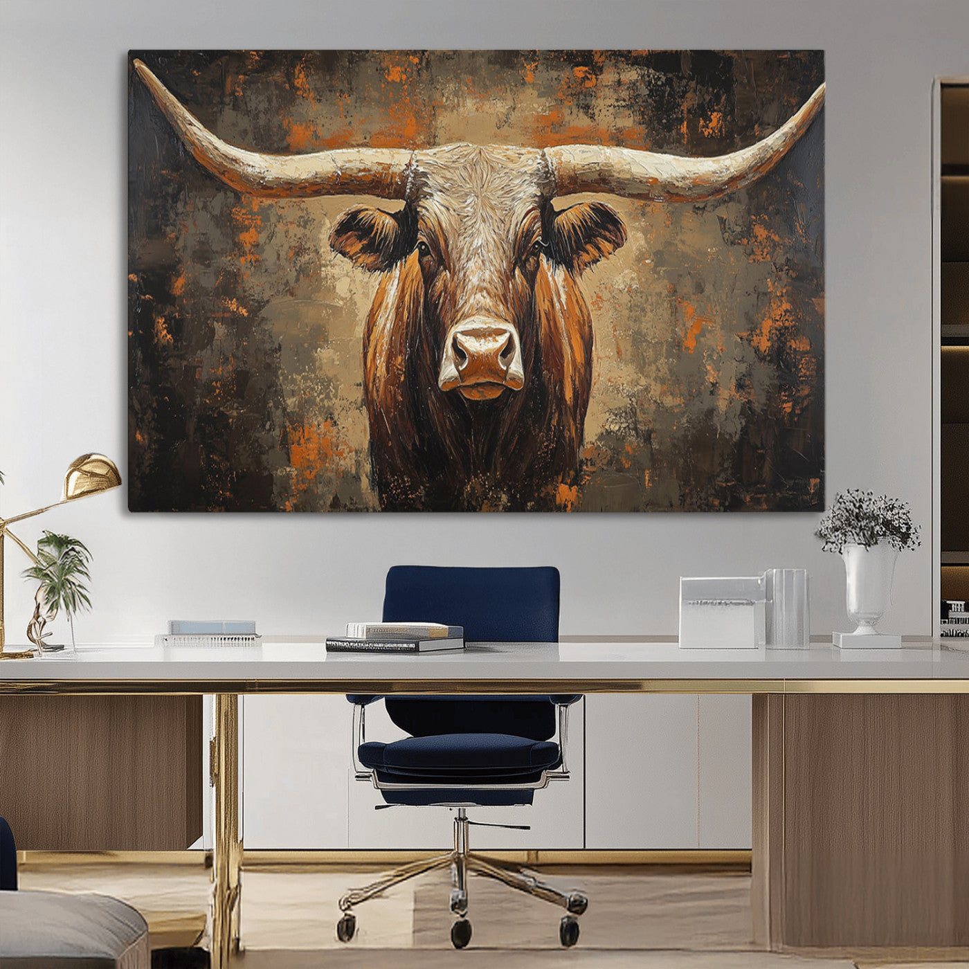 19204445-MGV-CV-36X24-Texas Longhorn Bull Wall Art – Rustic Western Canvas Print, Bold Cowboy Cattle Painting for Ranch House, Farmhouse, Office, or