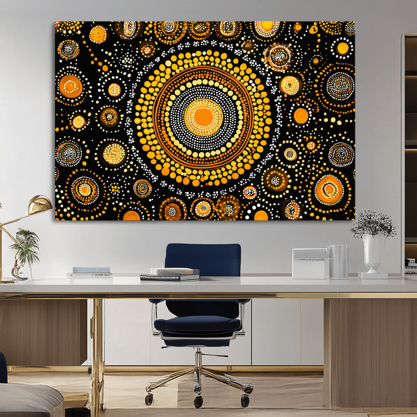 45478523-MGV-CV-36X24-Abstract Circle Wall Art – Bold Black and Gold Dot Painting Canvas Print, Modern Geometric Mandala Style Decor for Living Room or