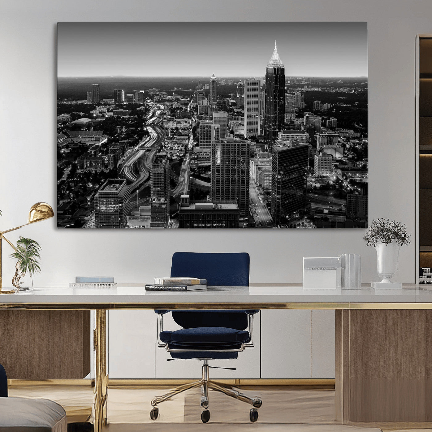 46578567-MGV-CV-36X24-Atlanta Skyline Wall Art – Black and White Cityscape Canvas Print, Modern Urban Night Decor for Office, Living Room, or Apartment
