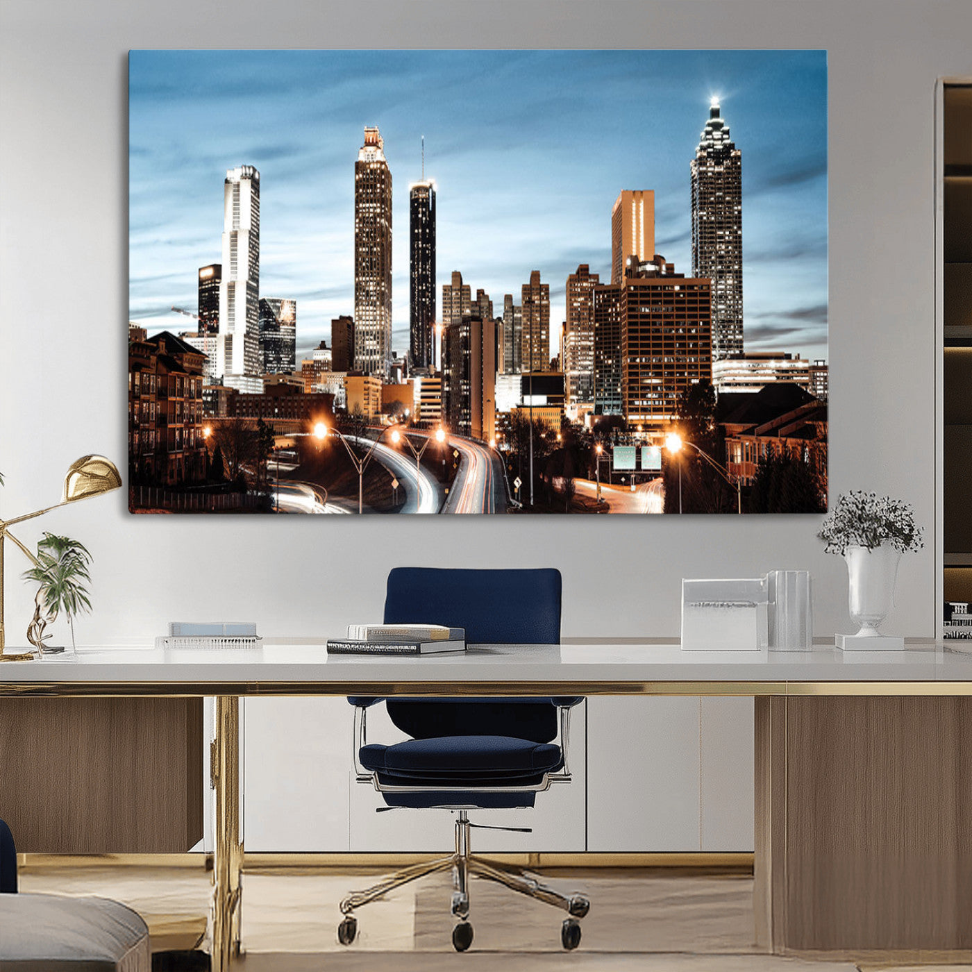 23859158-MGV-CV-36X24-Atlanta Skyline Wall Art – Modern Cityscape Canvas Print with Night Lights and Traffic Trails, Urban Decor for Office, Apartment,