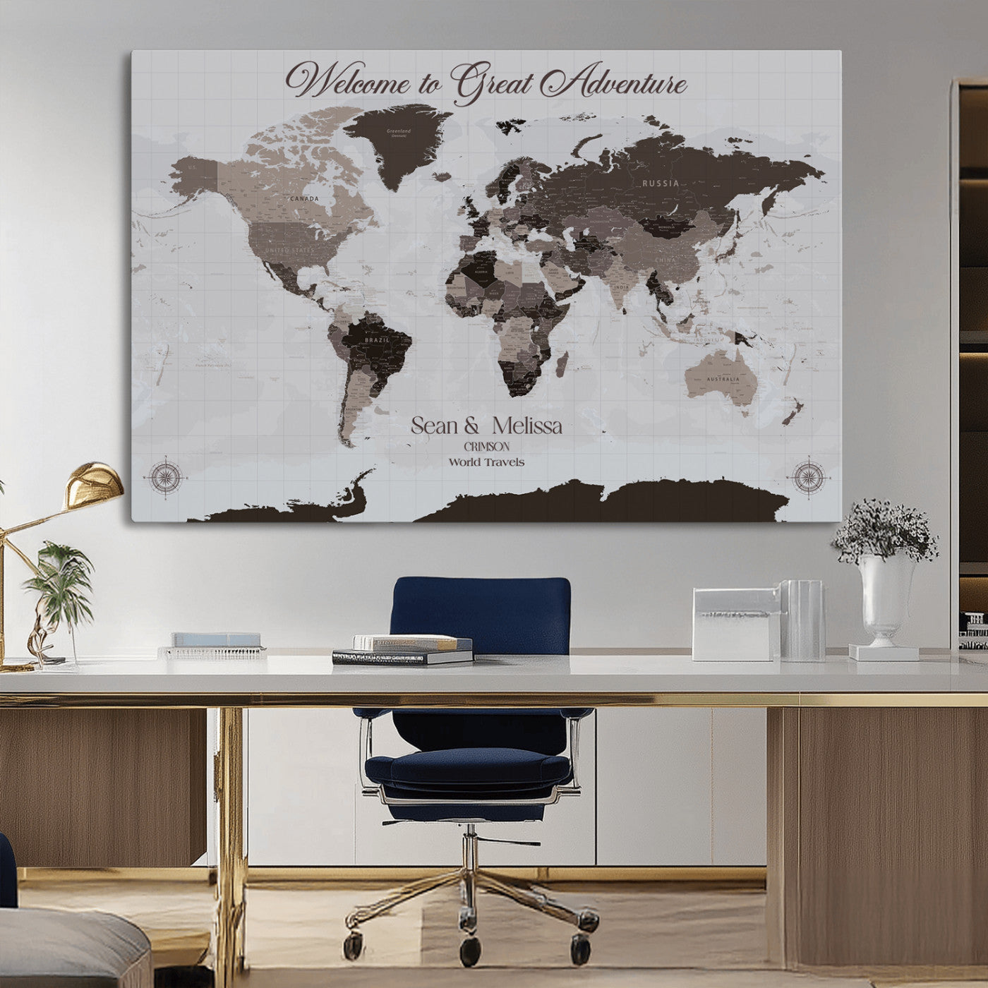43749658-MGV-CV-36X24-Welcome to Great Adventure World Map Wall Art – Charcoal Gray Canvas Print, Rustic Travel Decor for Living Room, Study, Office or