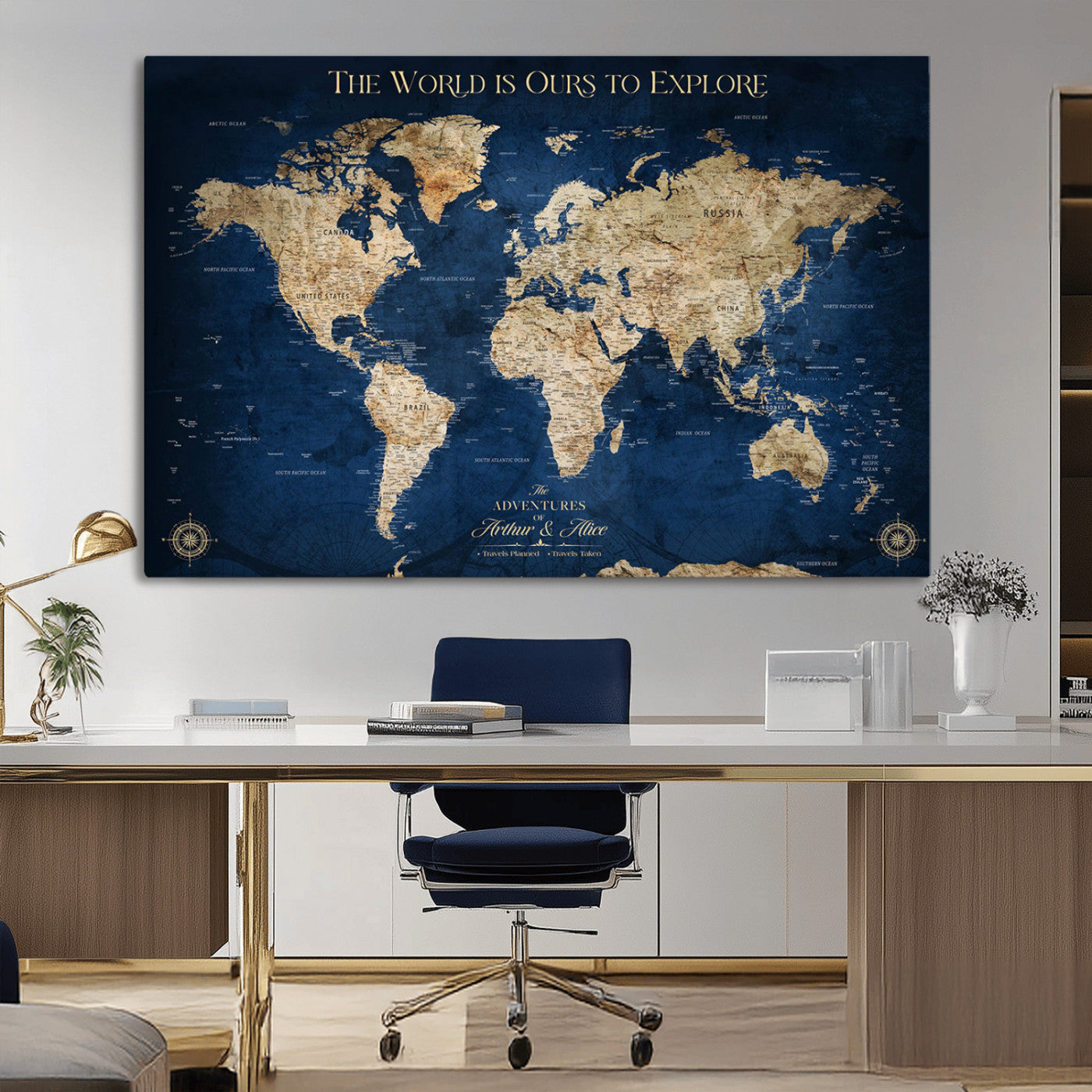 54782997-MGV-CV-36X24-The World is Ours to Explore Wall Art – Blue World Map Canvas Print, Adventure Travel Decor for Home, Office or Living Room,