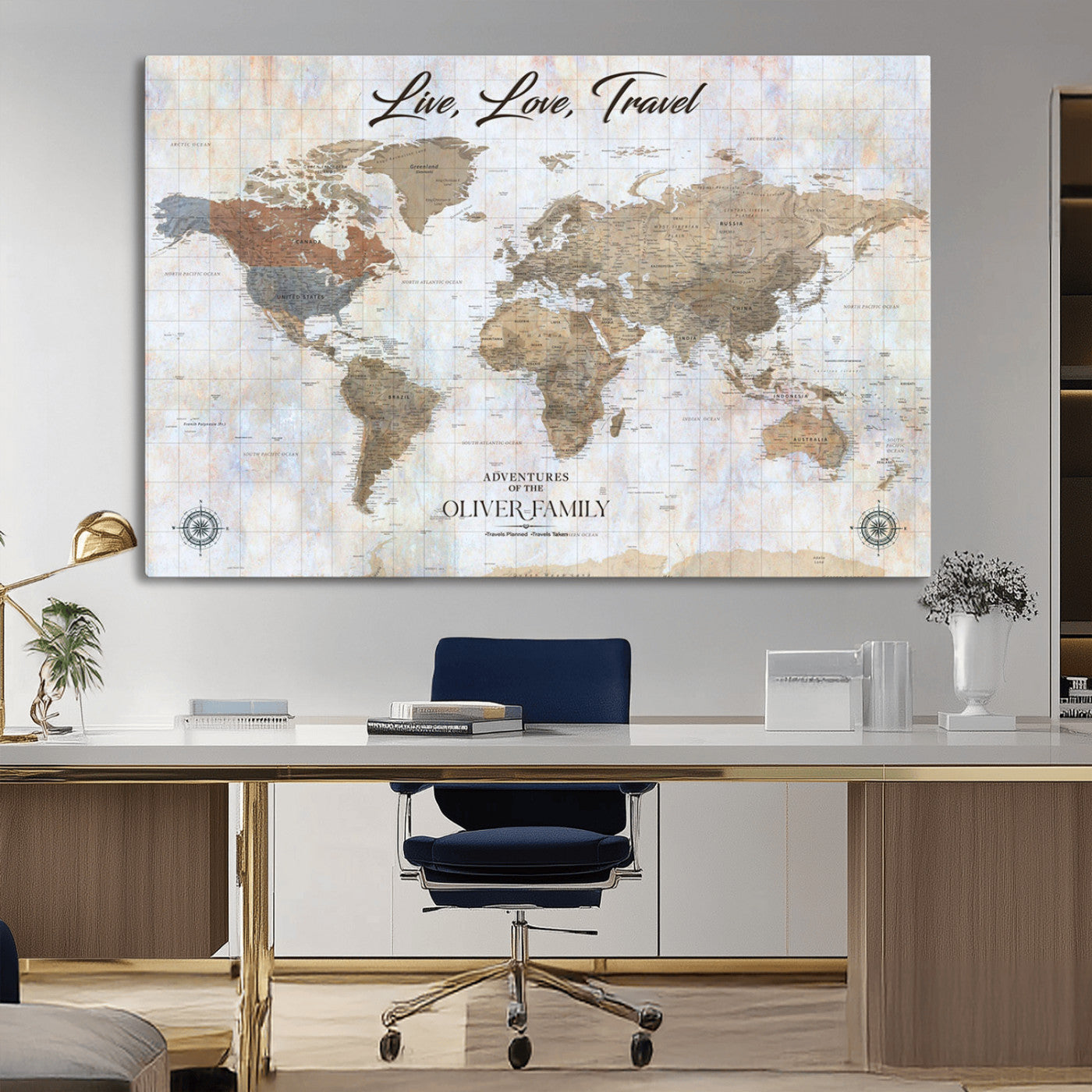43924907-MGV-CV-36X24-Live Love Travel Wall Art – Neutral World Map Canvas Print, Rustic Adventure Decor for Home, Office or Living Room, Unique Gift