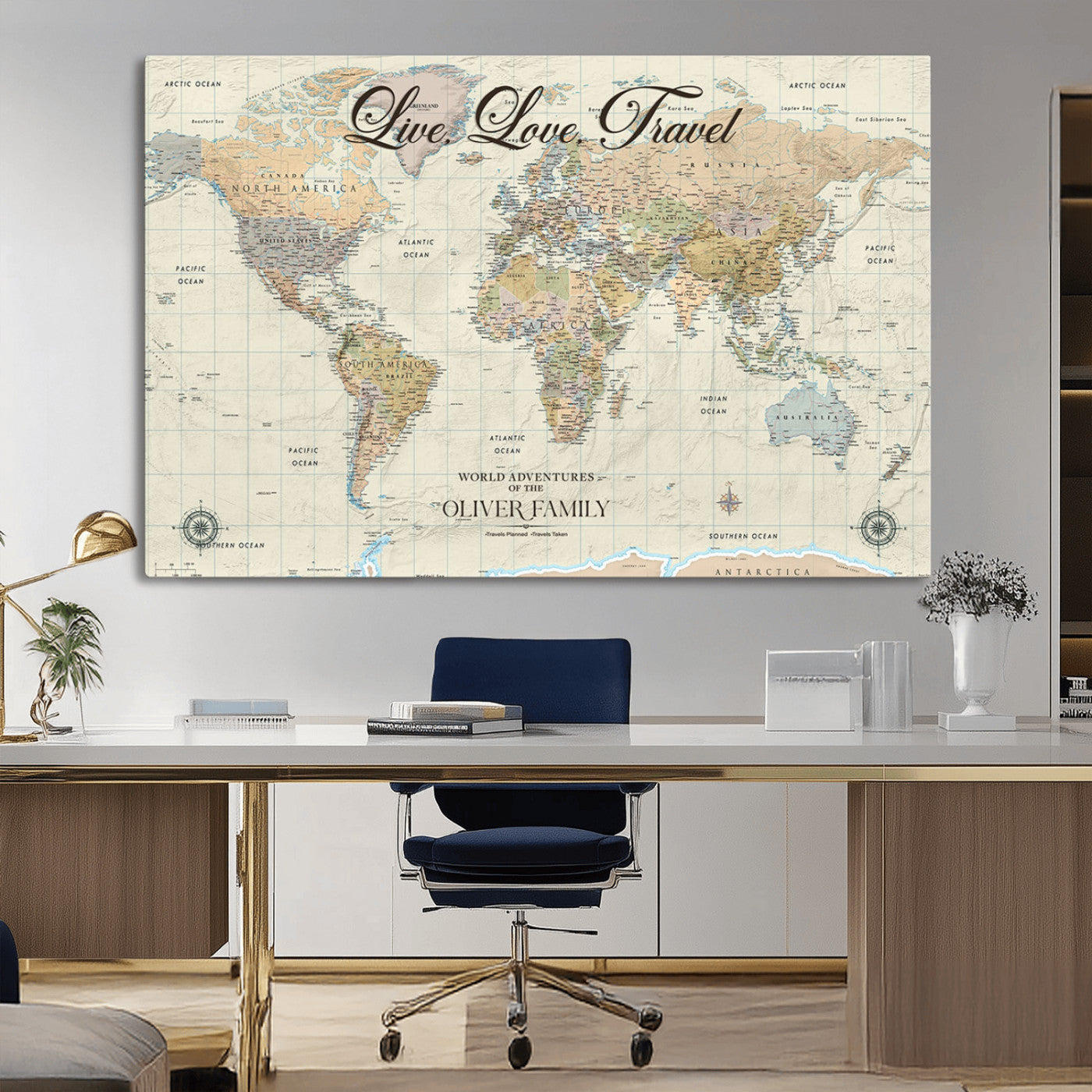 19479008-MGV-CV-36X24-Live Love Travel Wall Art – Detailed World Map Canvas Print, Adventure Decor for Living Room, Office or Bedroom, Travel Gift for