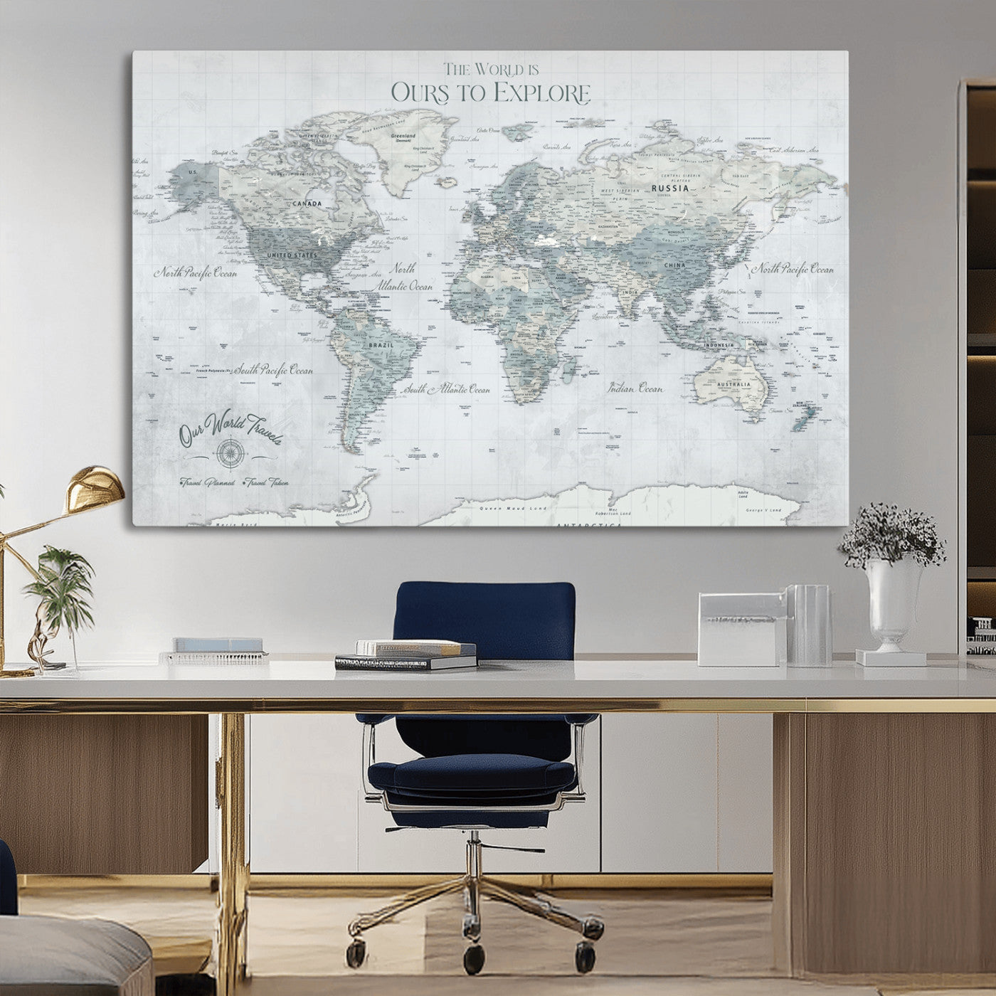 94249974-MGV-CV-36X24-Ours Explore World Map Wall Art – Modern Travel Canvas Print, Neutral Adventure Decor for Living Room, Office, Study, Bedroom,