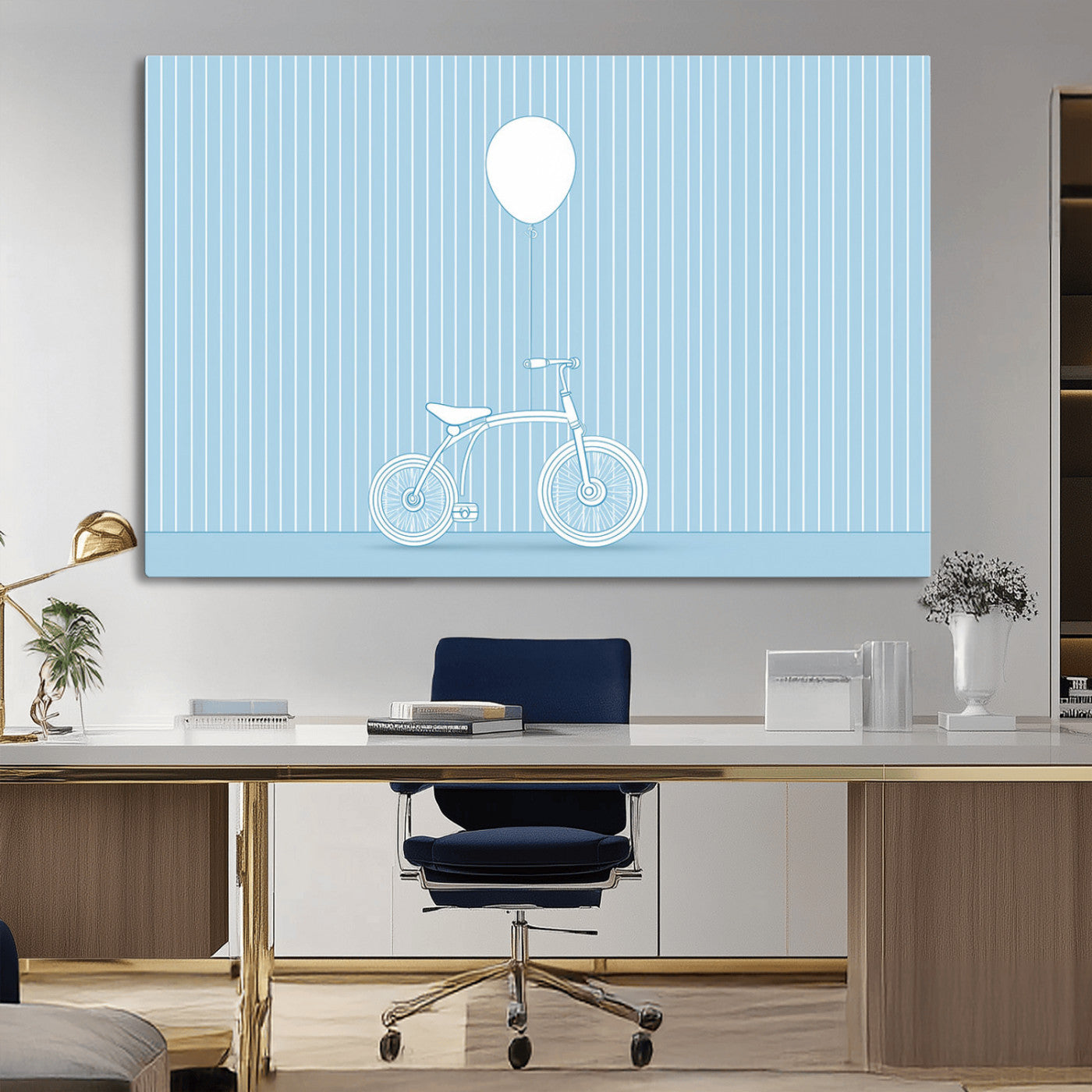 56479838-MGV-CV-36X24-Bicycle Wall Art – Minimalist Blue Canvas Print with Balloon Illustration, Modern Decor Artwork for Kids Room, Nursery, or Living