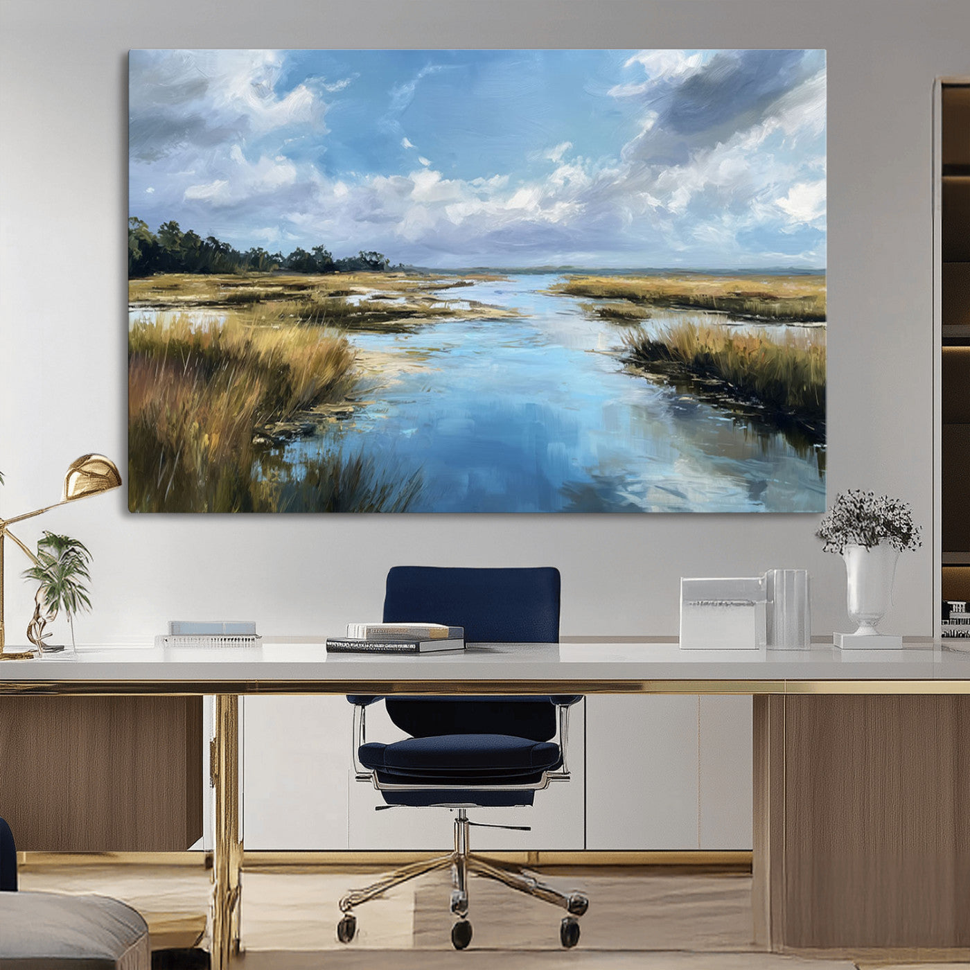 87082041-MGV-CV-36X24-Marshland Landscape Wall Art – Serene Nature Canvas Print with Blue Sky and Reflections, Tranquil Scenic Painting for Living Room,