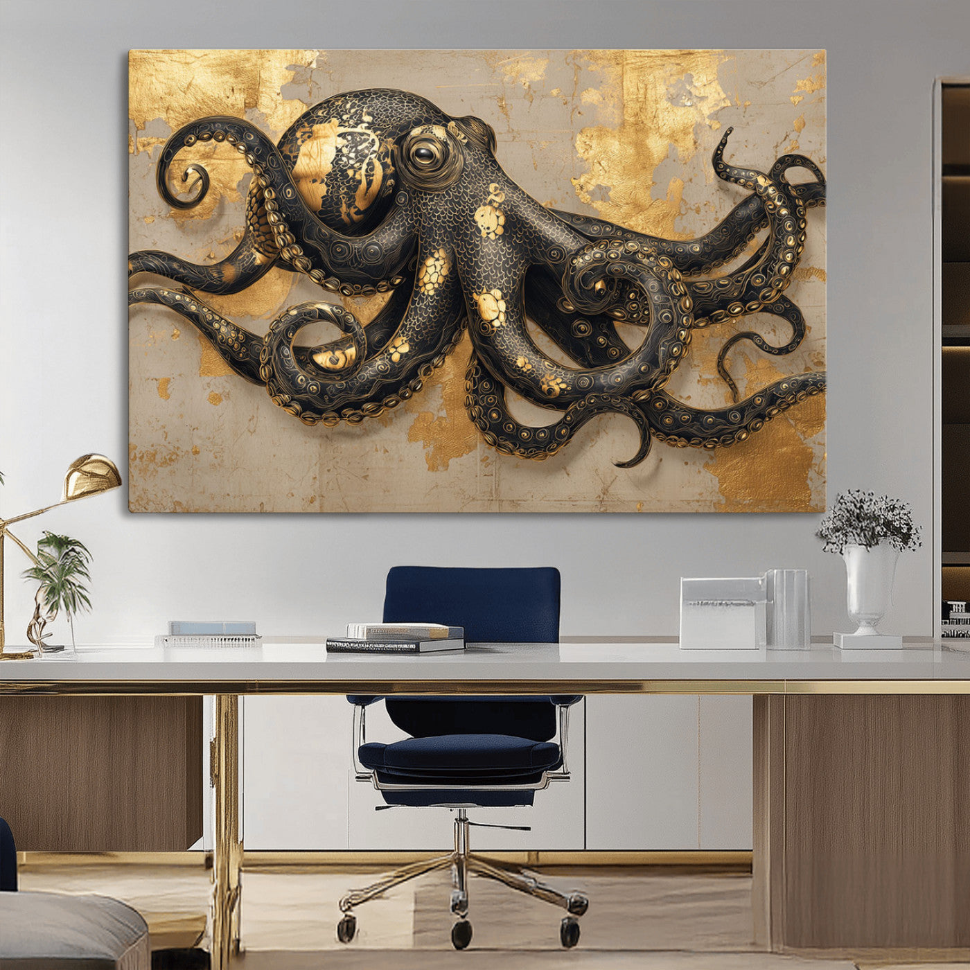 57944271-MGV-CV-36X24-Octopus Wall Art – Black and Gold Nautical Canvas Print, Modern Ocean Inspired Artwork with Elegant Detailing, Coastal Marine