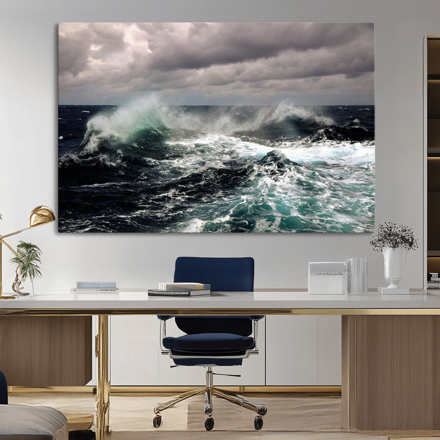 38622353-MGV-CV-36X24-Ocean Wave Wall Art – Dramatic Seascape Canvas Print with Stormy Sky and Crashing Sea, Bold Coastal Photography for Living Room,