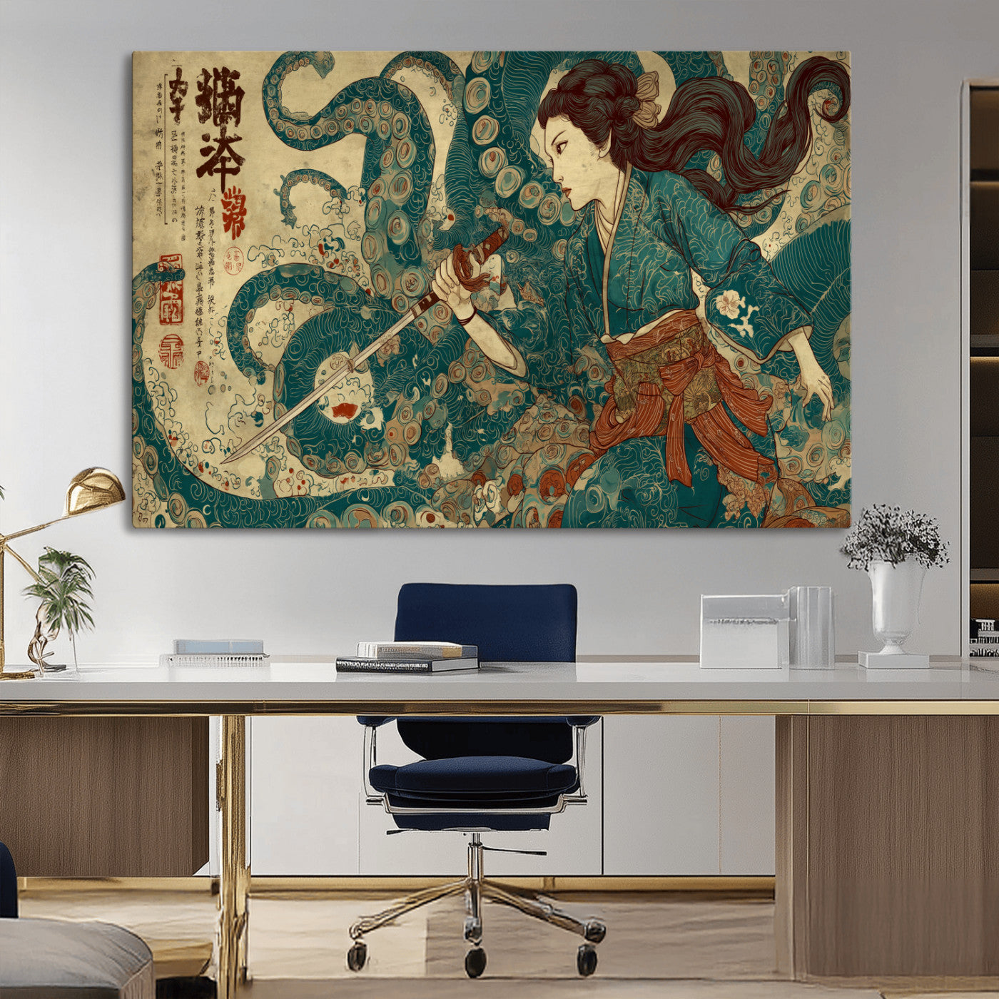 46837670-MGV-CV-36X24-Tsukioka Yoshitoshi Samurai Wall Art Print, Japanese Katana Warrior Canvas Wall Art, Octopus Sea Monster Canvas Print,