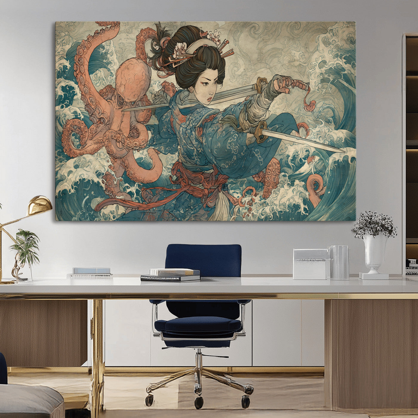 52037775-MGV-CV-36X24-Samurai Woman Wall Art – Japanese Ukiyo e Style Canvas Print with Katana, Ocean Waves and Octopus, Traditional Asian Inspired