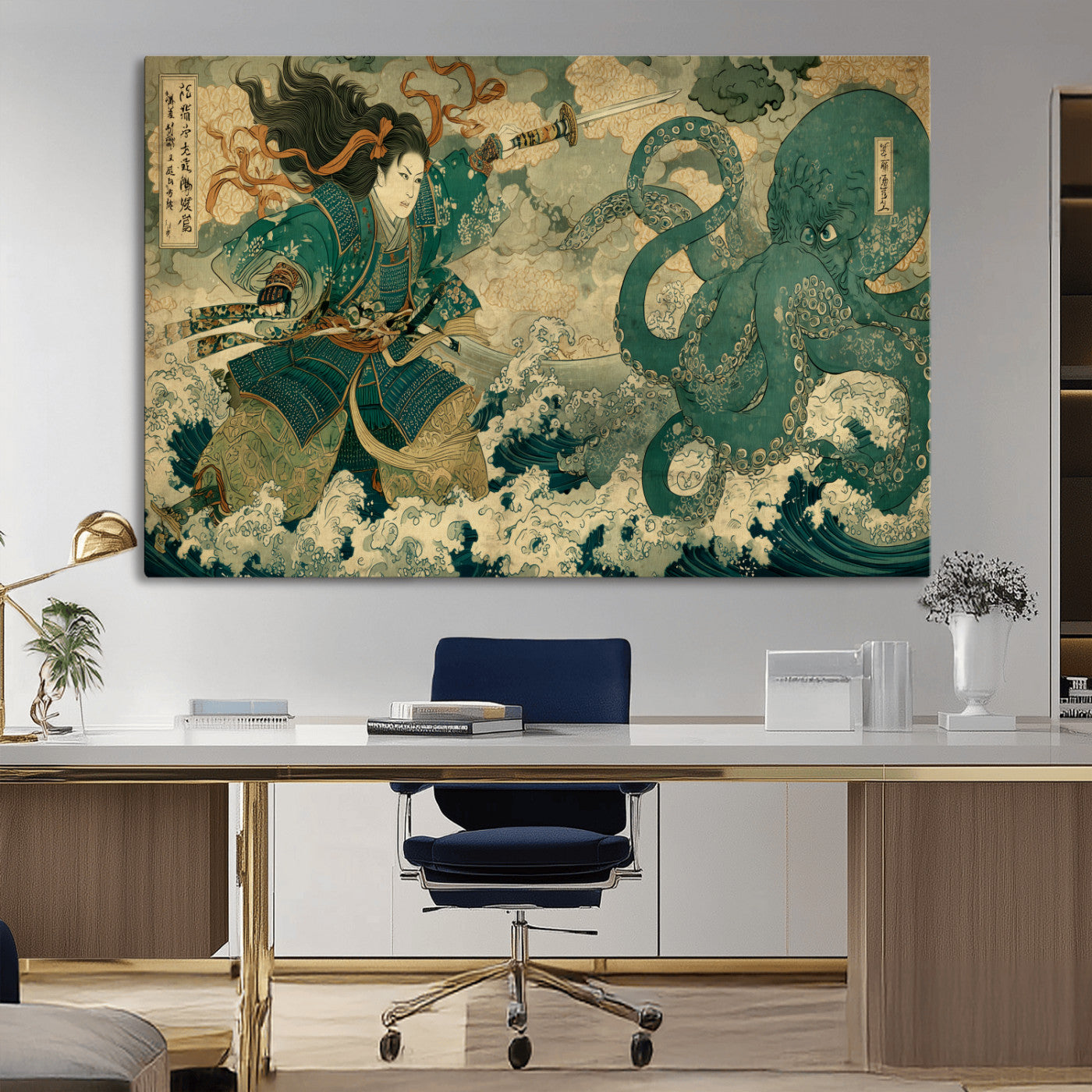 24416422-MGV-CV-36X24-Tsukioka Yoshitoshi Samurai Wall Art Print, Japanese Katana Warrior Canvas Wall Art, Octopus Sea Monster Canvas Print,