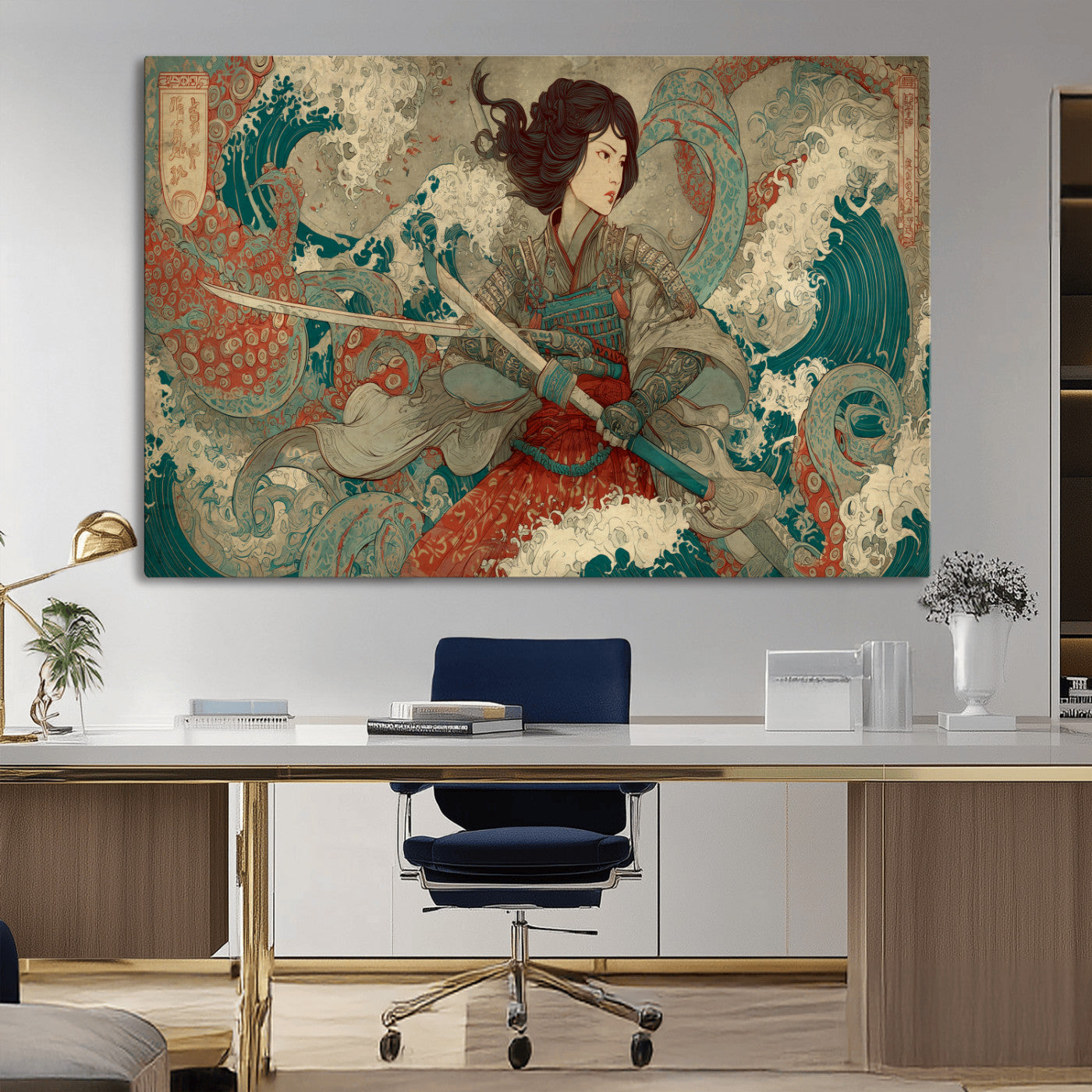 63377977-MGV-CV-36X24-Tsukioka Yoshitoshi Samurai Wall Art Print, Japanese Katana Warrior Canvas Wall Art, Octopus Sea Monster Canvas Print,
