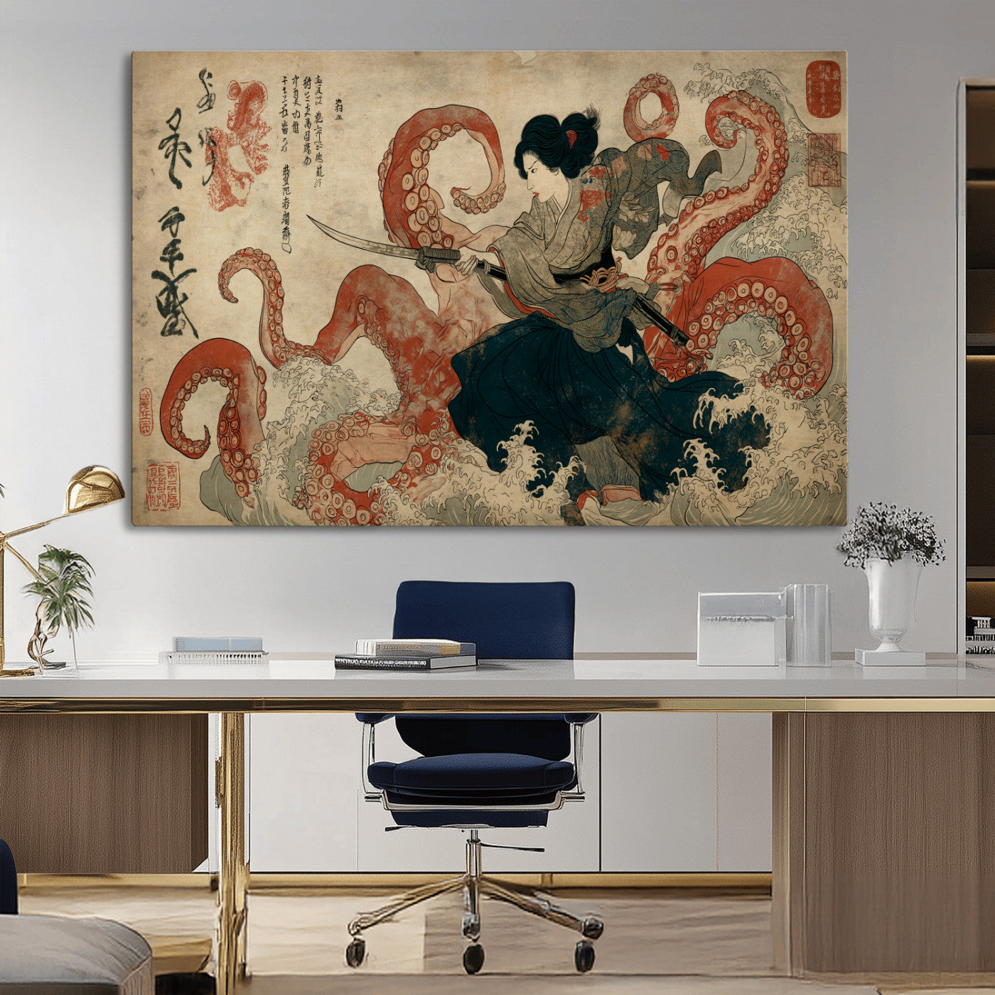 82737246-MGV-CV-36X24-Samurai Woman vs Octopus Wall Art – Japanese Ukiyo-e Dual Sword Canvas Print, Red Tentacle Ocean Battle Artwork for Living Room,