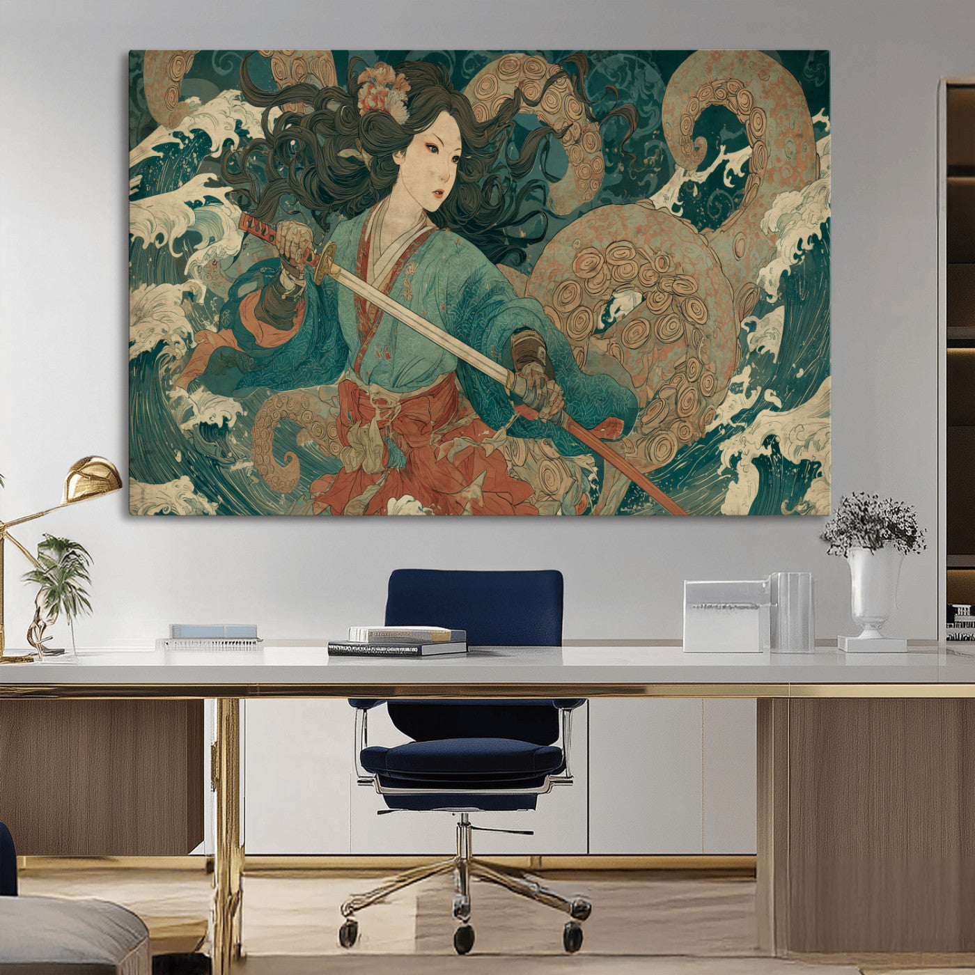 79740258-MGV-CV-36X24-Tsukioka Yoshitoshi Samurai Wall Art Print, Japanese Katana Warrior Canvas Wall Art, Octopus Sea Monster Canvas Print,