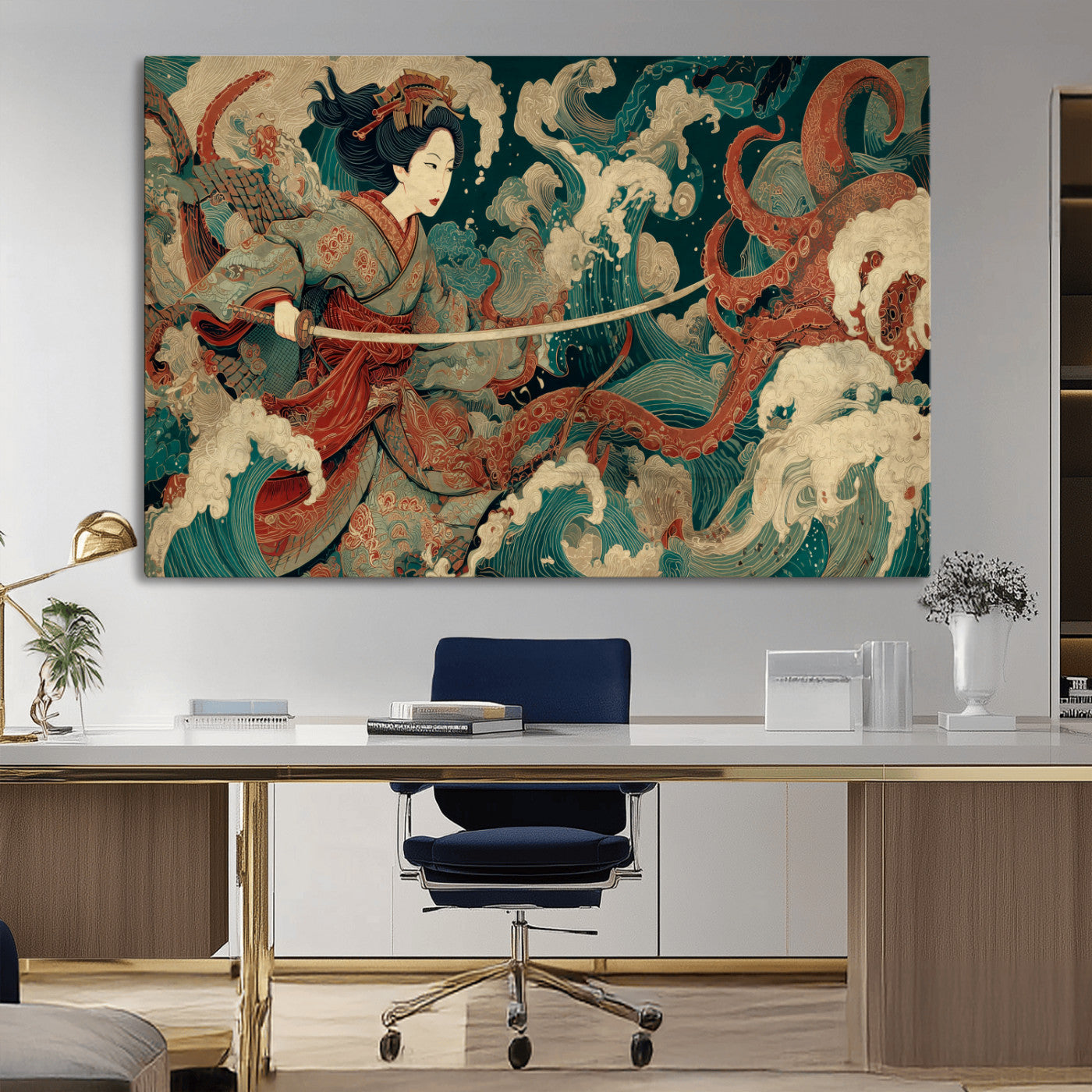 30212982-MGV-CV-36X24-Samurai Woman vs Octopus Wall Art – Japanese Ukiyo-e Style Warrior and Sea Monster Canvas Print, Mythology Inspired Artwork for