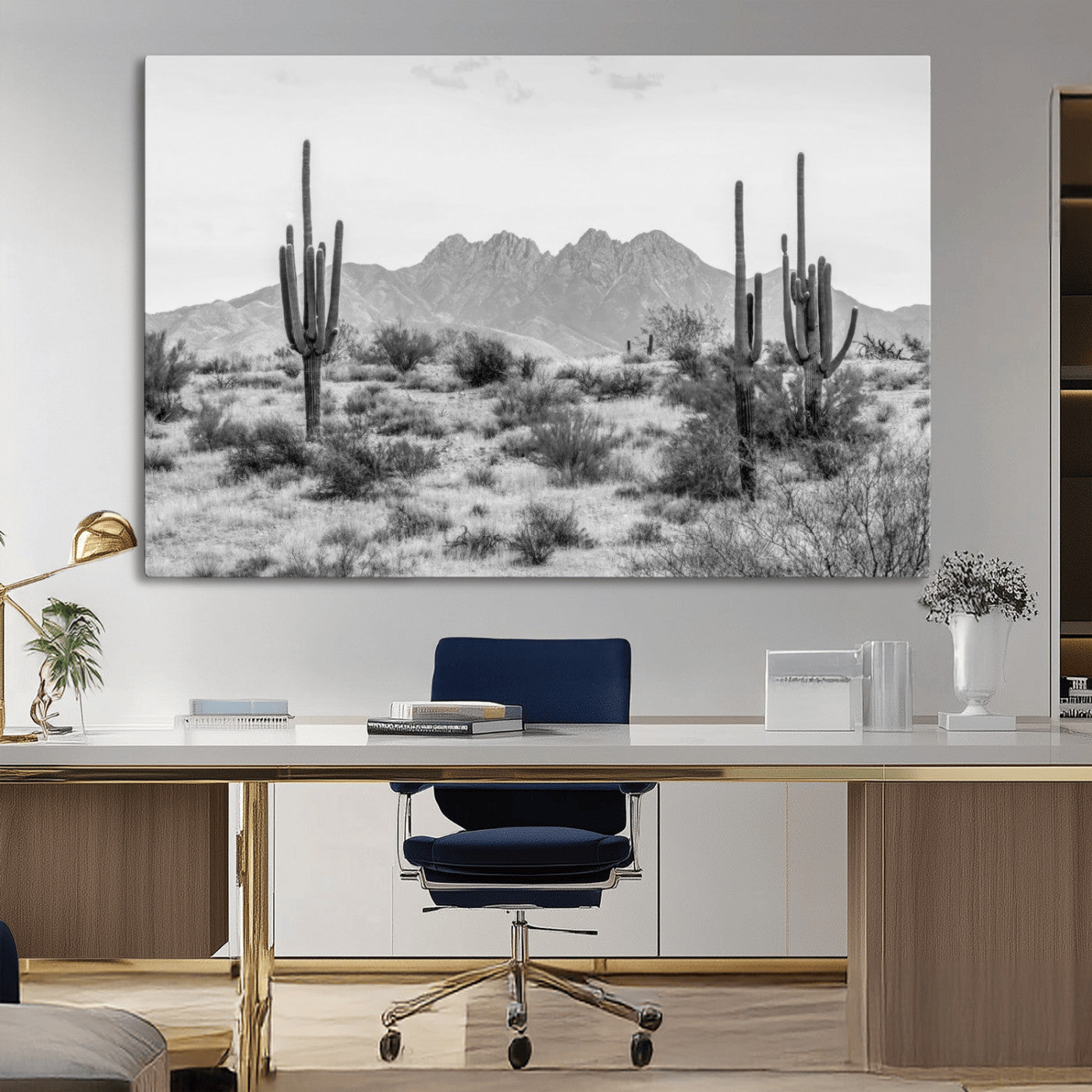 97436PHN-MGV-CV-36X24-Desert Landscape Wall Art – Black and White Cactus and Mountain Canvas Print, Southwestern Nature Photography for Living Room,