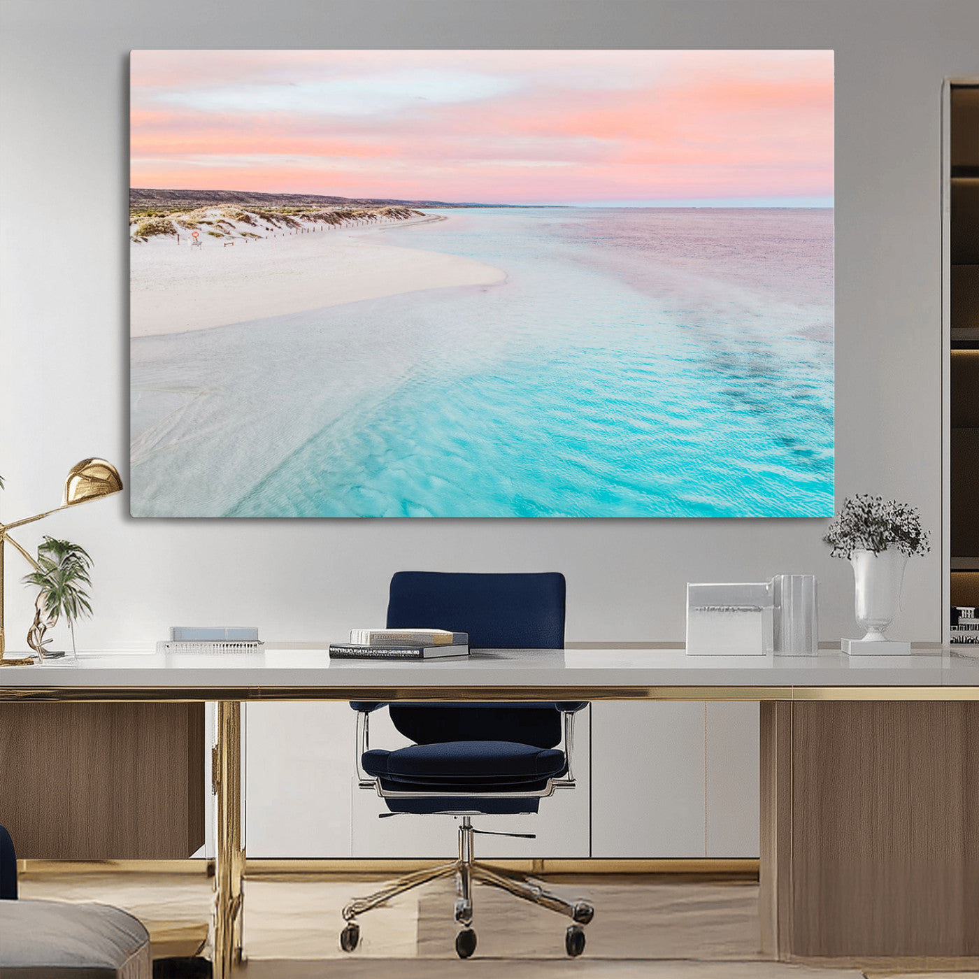 41613614-MGV-CV-36X24-Beach Sunset Wall Art – Pastel Ocean Canvas Print, Turquoise Water and Pink Sky Photography Decor for Bedroom, Living Room, Office
