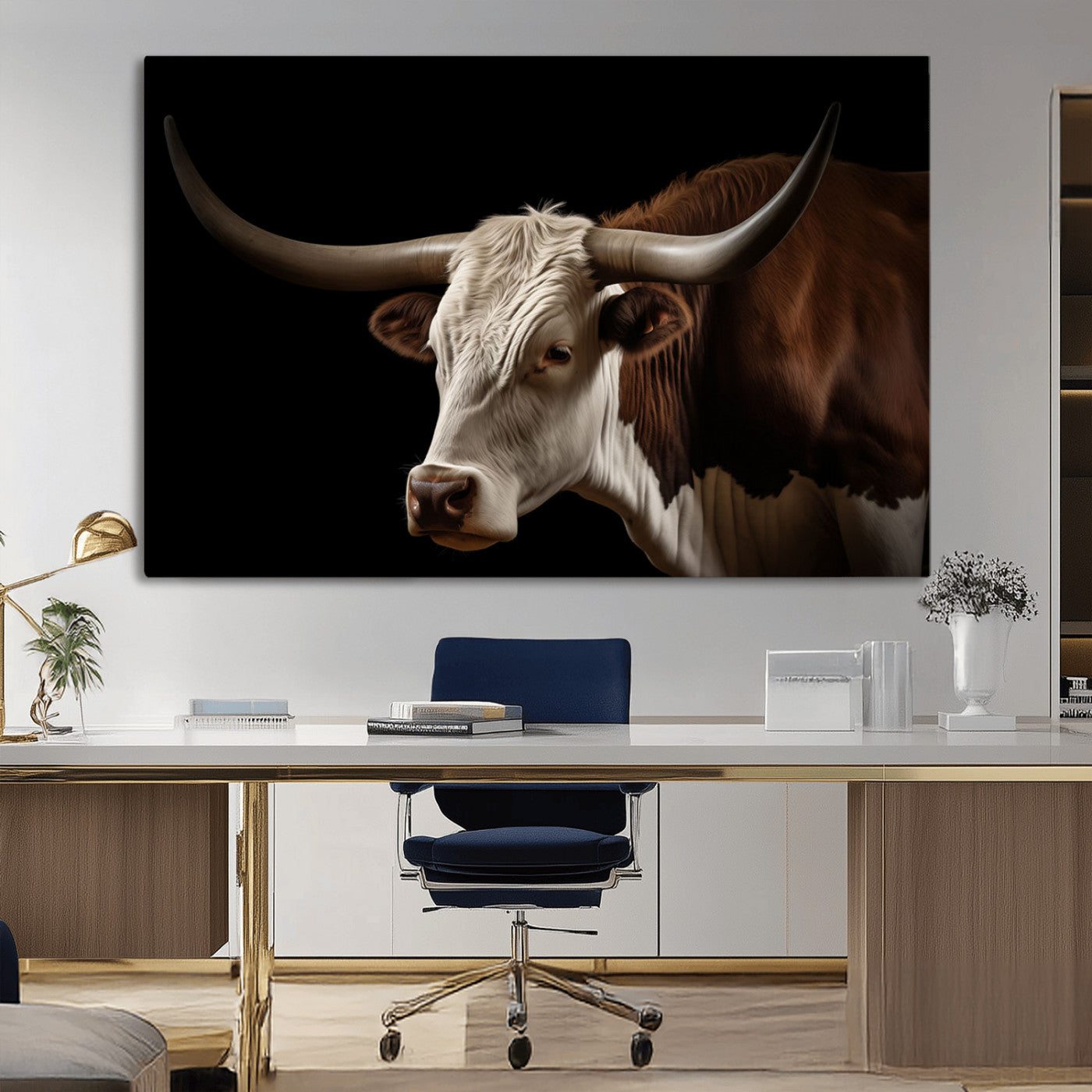 27414857-MGV-CV-36X24-Longhorn Bull Wall Art – Dramatic Western Steer Portrait Canvas Print, Rustic Farmhouse Animal Decor for Living Room, Office, or