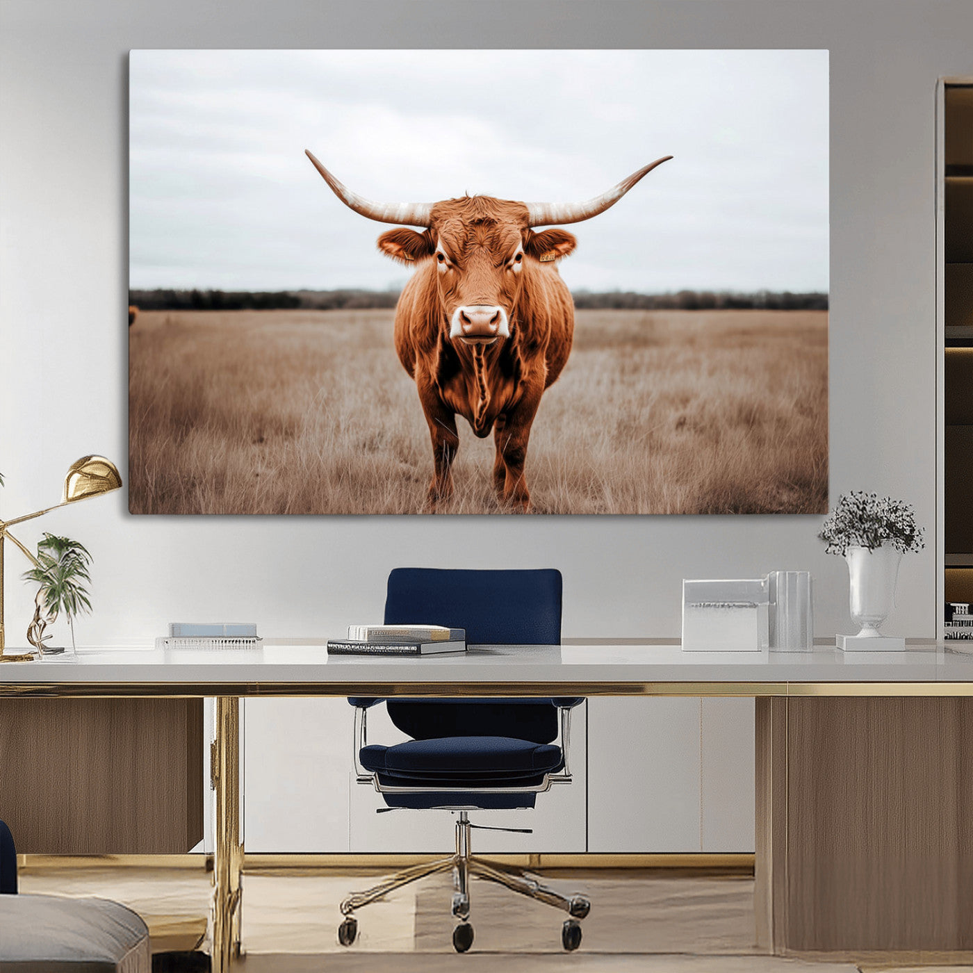 16316734-MGV-CV-36X24-Texas Longhorn Wall Art – Rustic Bull Portrait Canvas Print, Western Farmhouse Animal Photography Decor for Living Room, Office,