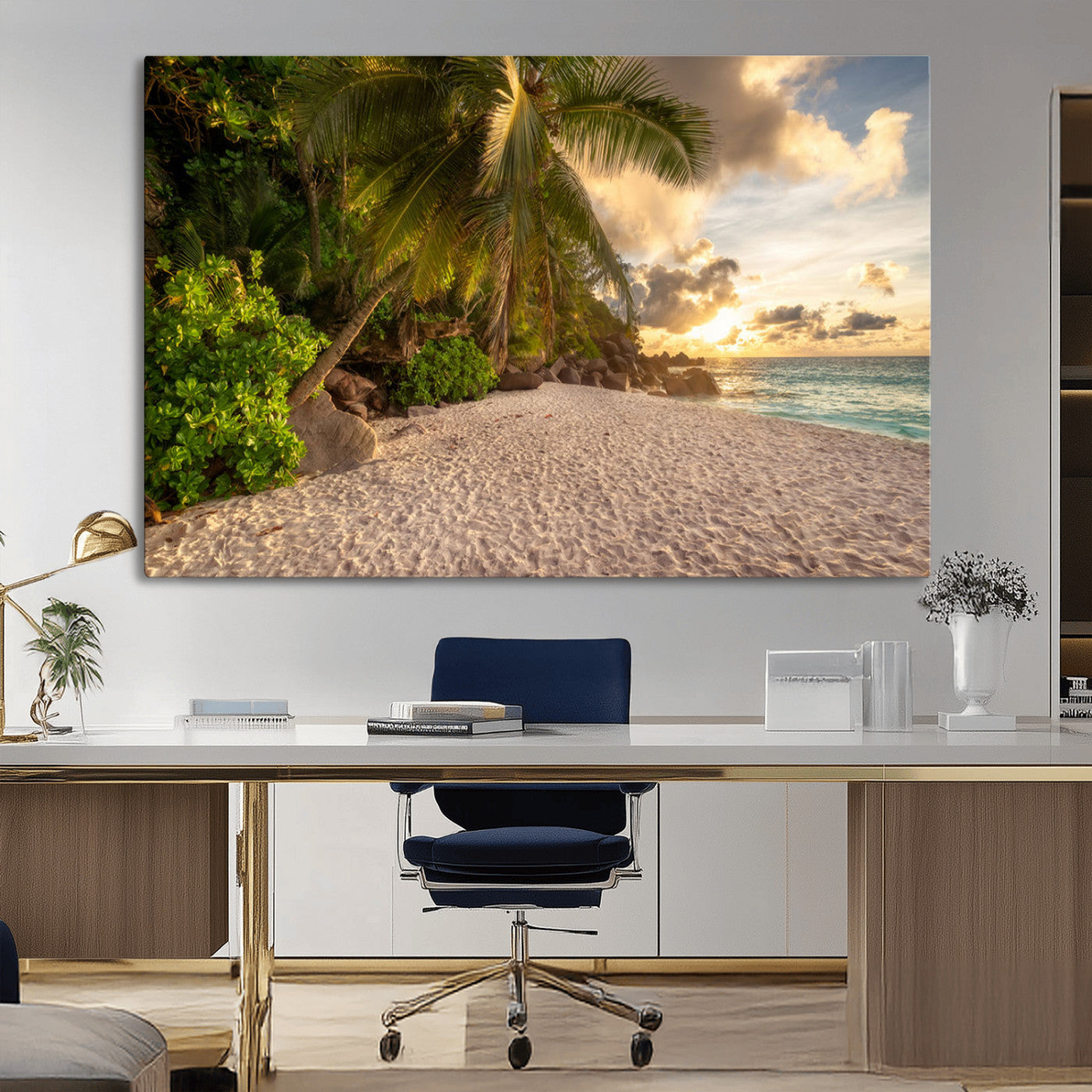 89531159-MGV-CV-36X24-Tropical Beach Sunset Canvas Wall Art – Palm Trees Golden Sand Ocean Waves Coastal Paradise Print for Beach House Bedroom Bathroom