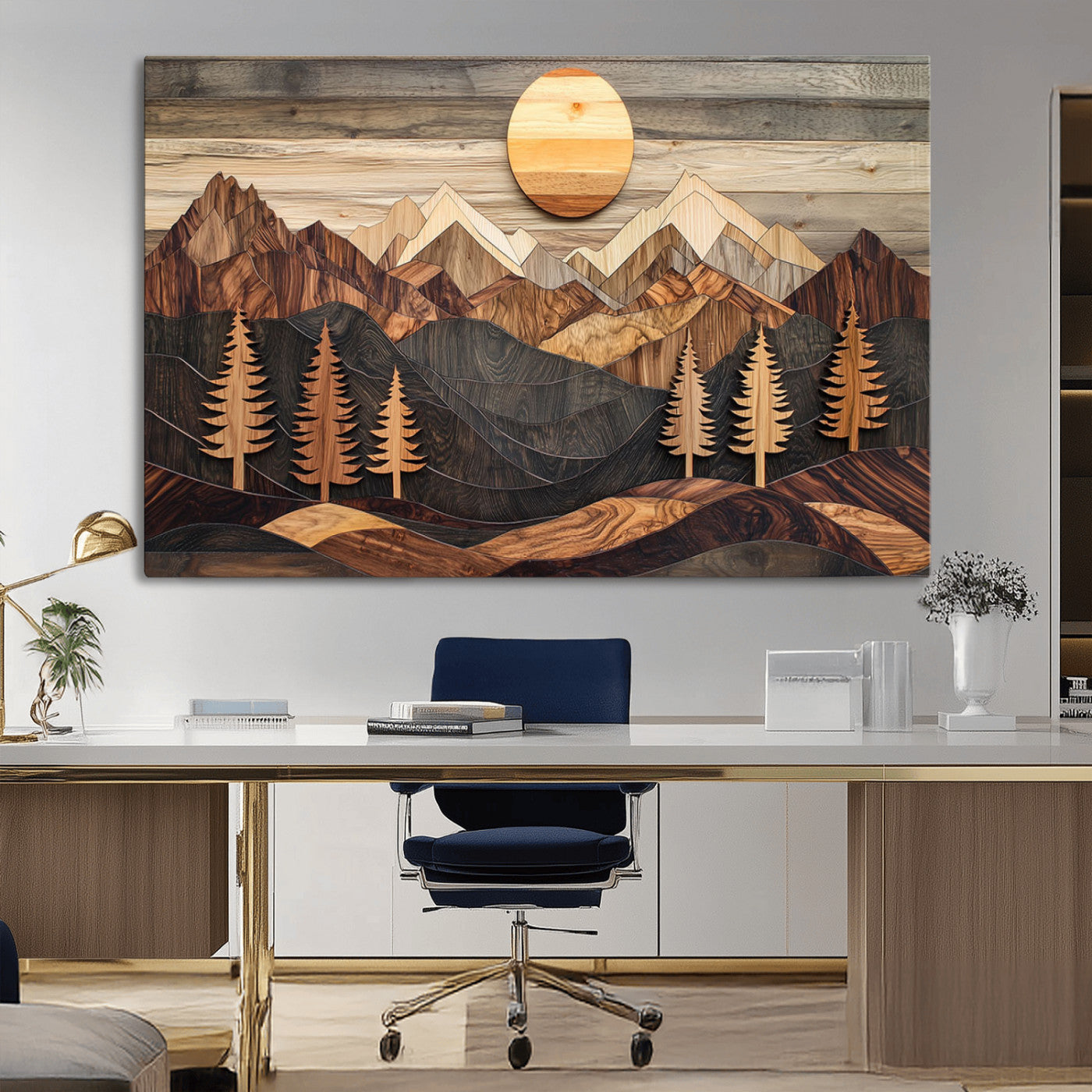90044381-MGV-CV-36X24-Rustic Wall Art – Wooden Mountain Landscape with Sun and Pine Trees, Handcrafted Nature Canvas Style Decor for Bedroom, Living