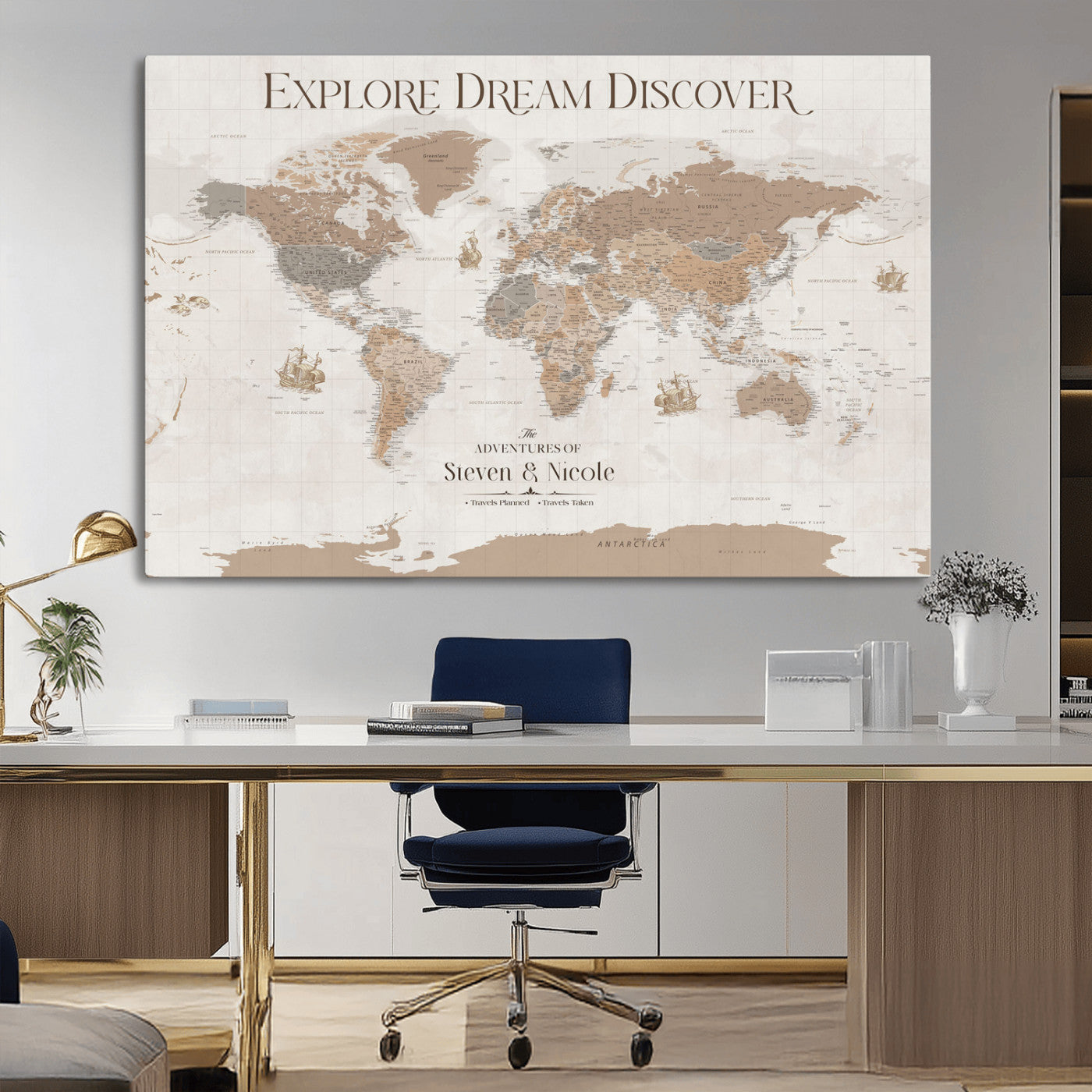 56148717-MGV-CV-36X24-Personalized World Map Wall Art – Neutral Beige & Brown Vintage Adventure Travel Map with Custom Couple Names, Classic Wall Decor