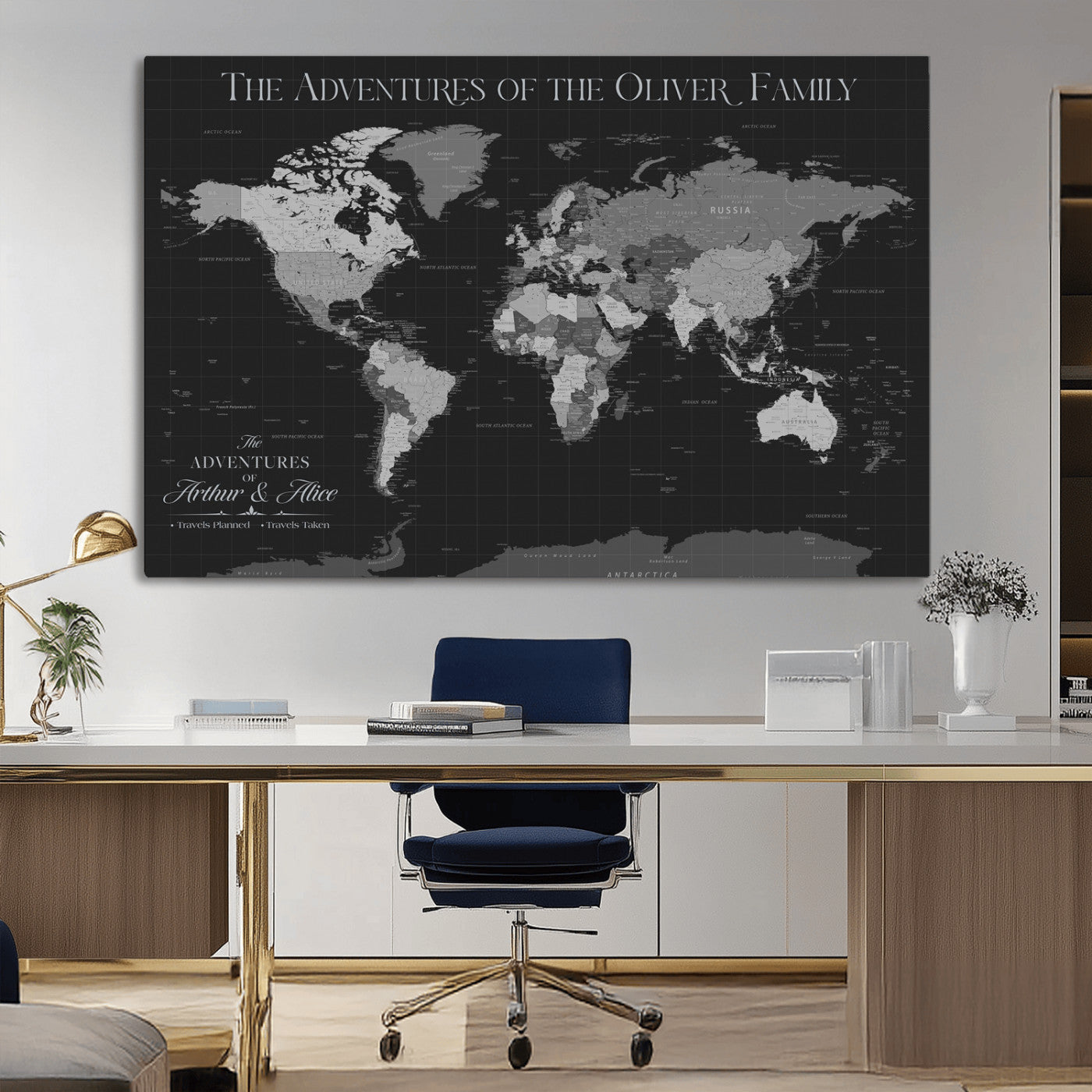 46064114-MGV-CV-36X24-Personalized World Map Wall Art – Black & Grey Adventure Travel Map with Custom Family or Couple Names, Modern Wall Decor for Home
