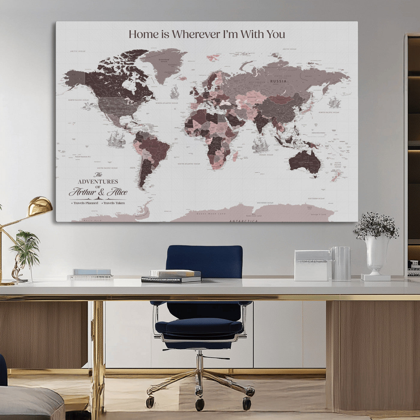 33204797-MGV-CV-36X24-Personalized World Map Wall Art – Burgundy & Grey Adventure Travel Map with Custom Names, Romantic Wall Decor for Couples, Home or
