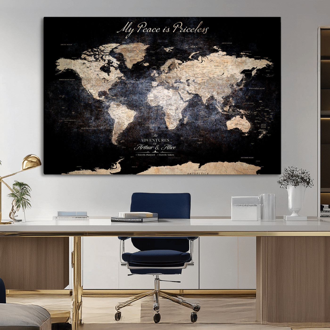 51488142-MGV-CV-36X24-Personalized World Map Wall Art – Dark Rustic Adventure Travel Map with Custom Names, Vintage Wall Decor for Couples, Families or