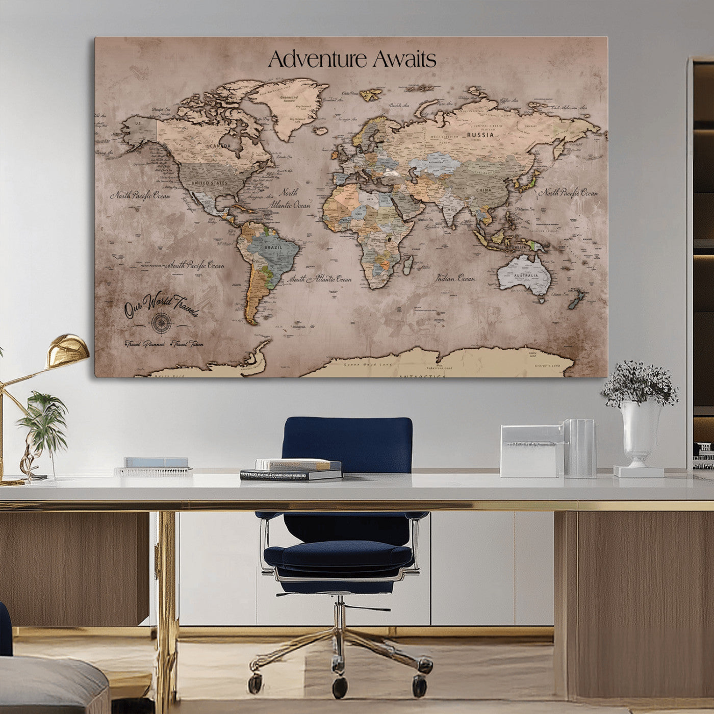 93226713-MGV-CV-36X24-Personalized World Map Wall Art – Adventure Awaits Rustic Earth-Tone Travel Map with Custom Names, Vintage Wall Decor for Couples,