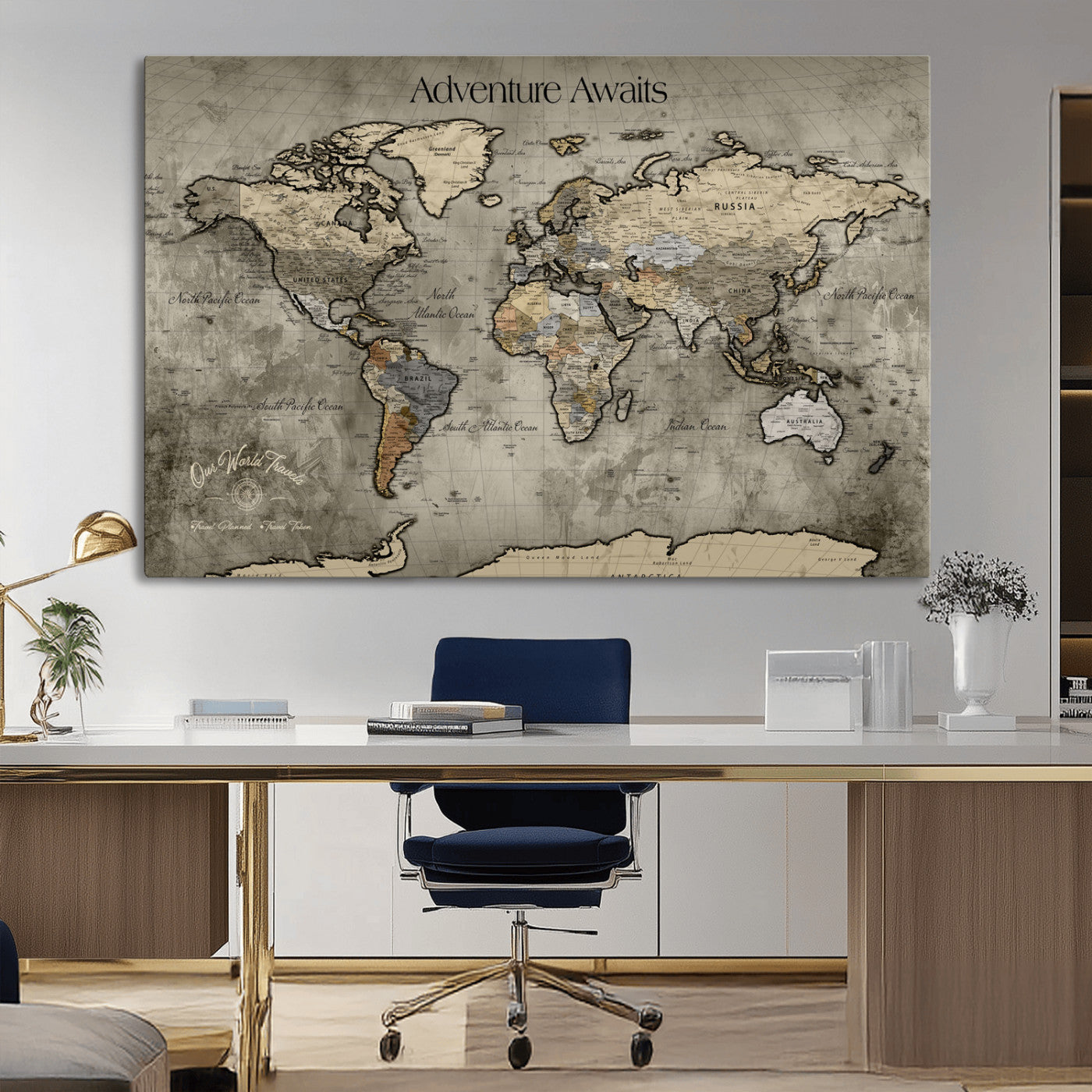 72658967-MGV-CV-36X24-Personalized World Map Wall Art – Adventure Awaits Rustic Sepia Travel Map with Custom Names, Vintage Wall Decor for Couples, Home