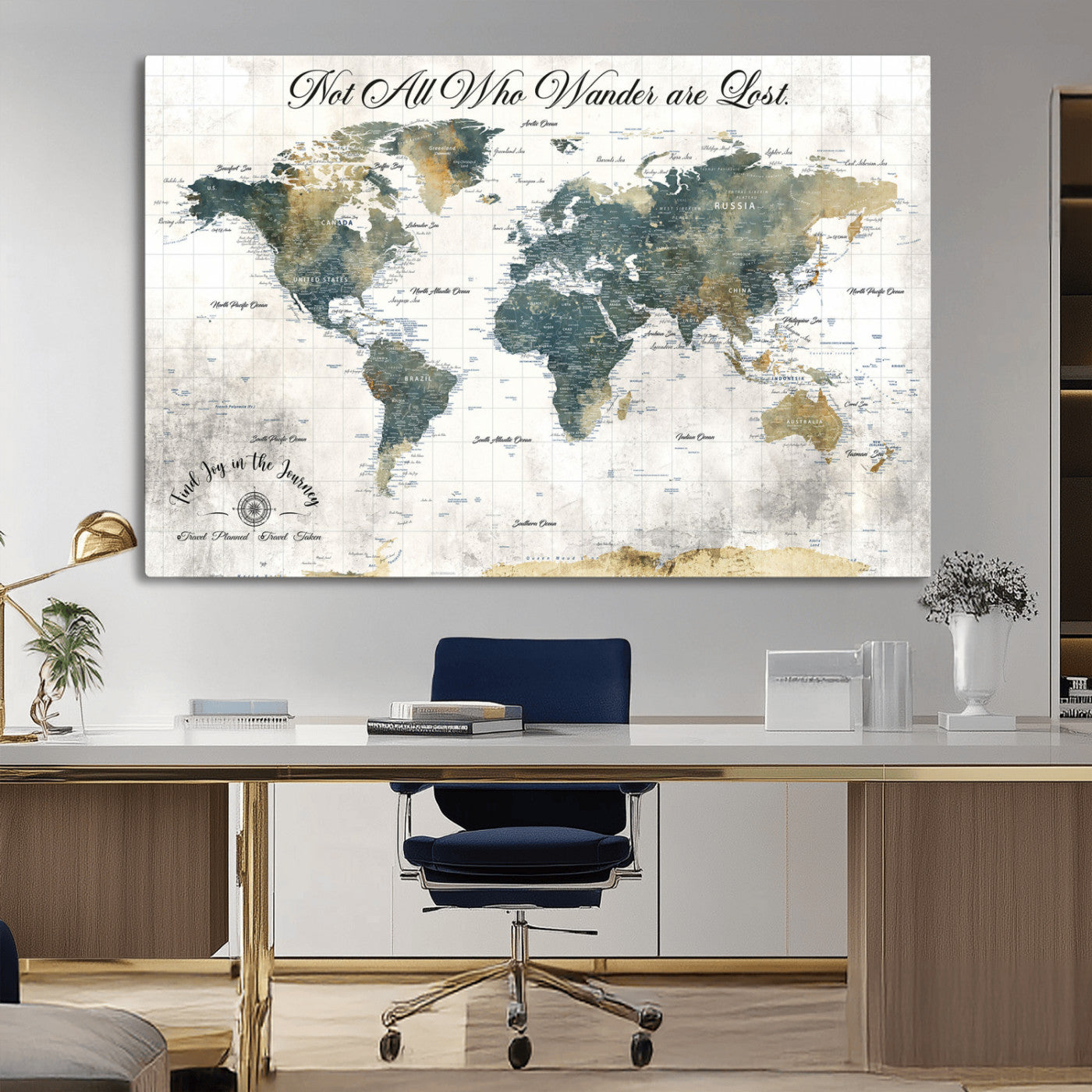 16233493-MGV-CV-36X24-Personalized World Map Wall Art – Rustic Blue Green Wanderlust Travel Map with Custom Couple Names, Vintage Wall Decor for Home