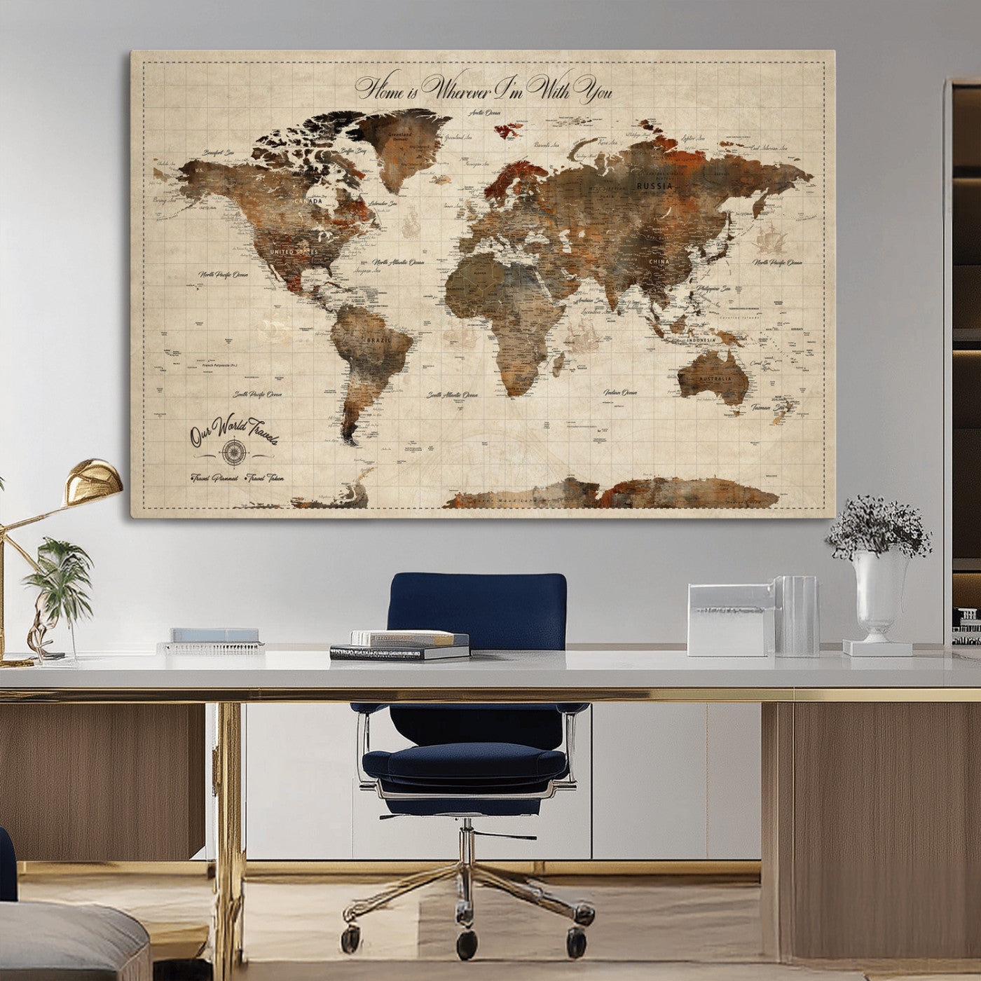 48225643-MGV-CV-36X24-Personalized World Map Wall Art – Rustic Vintage Adventure Travel Map with Custom Couple Names, Romantic Wall Decor for Home or