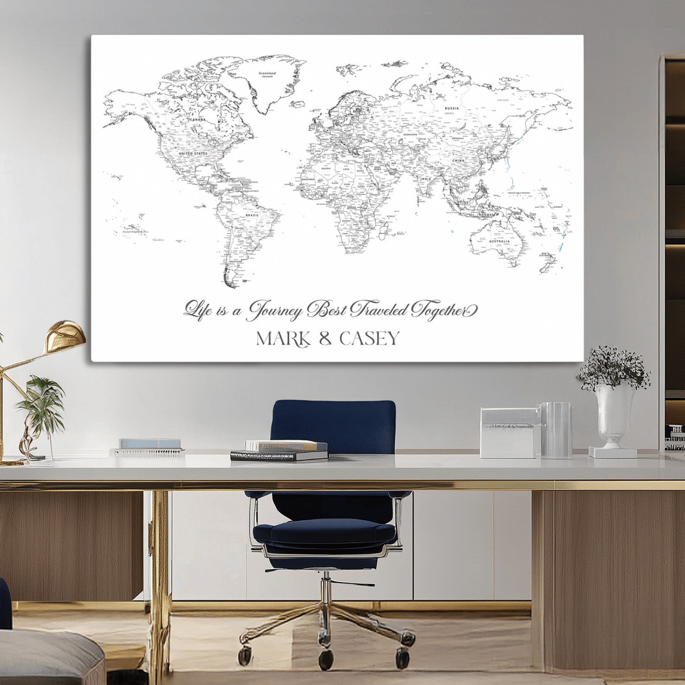 43438578-MGV-CV-36X24-Personalized World Map Wall Art – Black and White Minimal Travel Map with Custom Names, Elegant Wall Decor for Couples, Wedding or