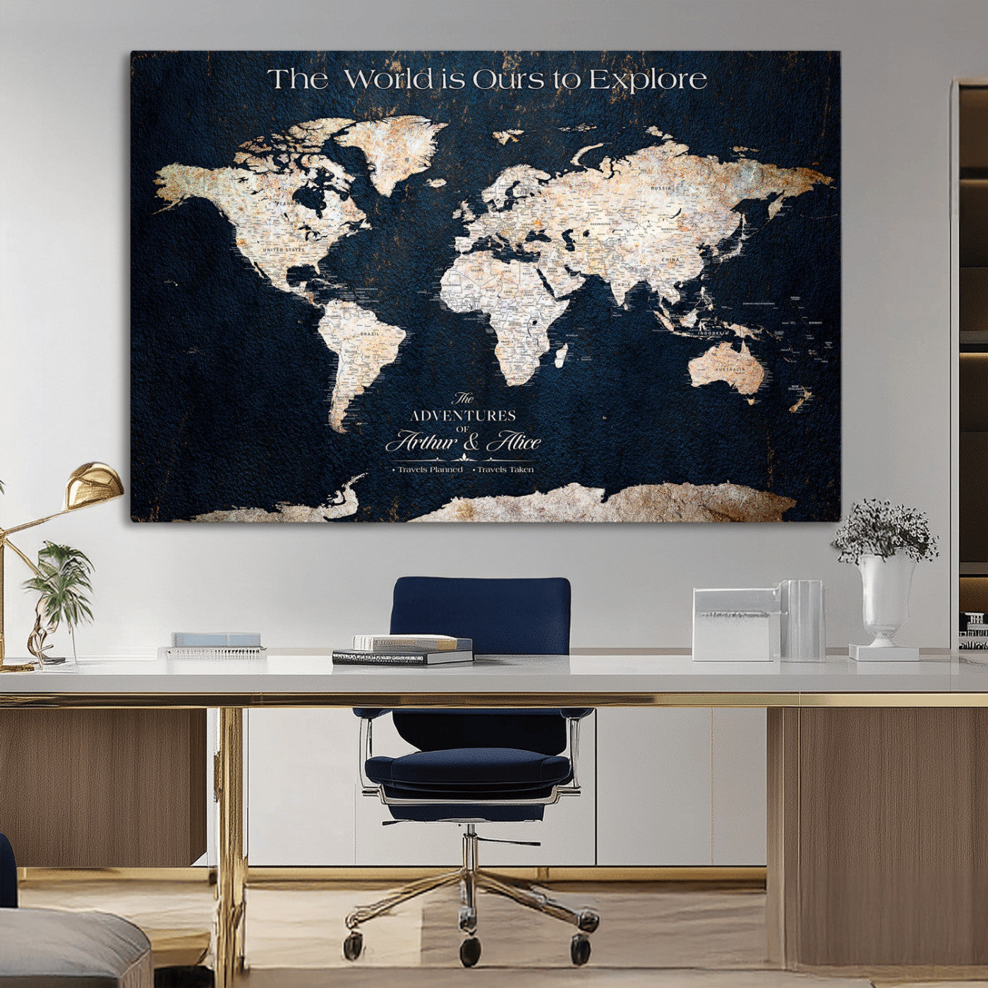 13231361-MGV-CV-36X24-Personalized World Map Wall Art – Navy Blue Vintage Adventure Travel Map with Custom Names, Elegant Push Pin Canvas for Couples