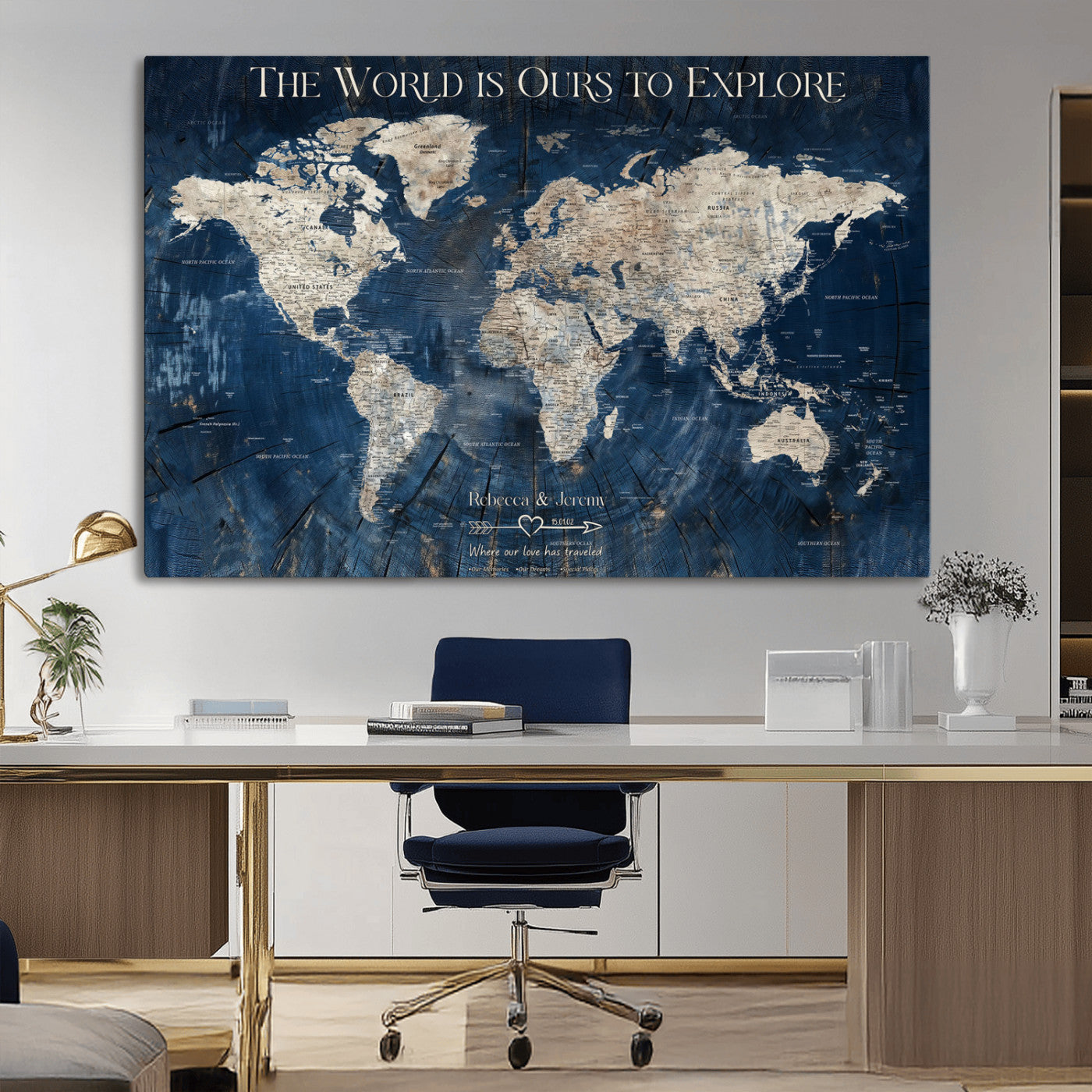 16933330-MGV-CV-36X24-Personalized World Map Wall Art – Navy Blue Vintage Travel Map with Custom Names, Anniversary Gift for Couples Romantic Adventure