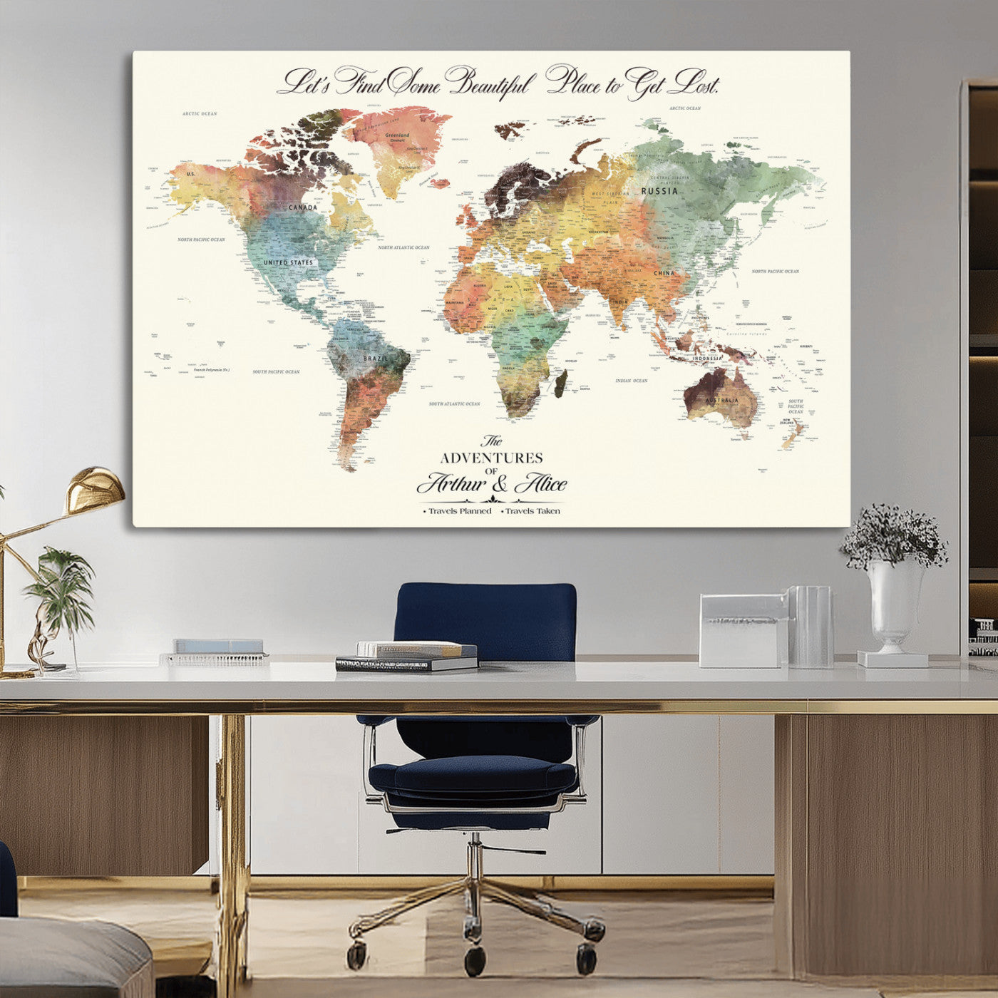 10311652-MGV-CV-36X24-Personalized World Map Wall Art - Watercolor Travel Map with Custom Names Minimalist Design for Couples&Families - Decor for Home,